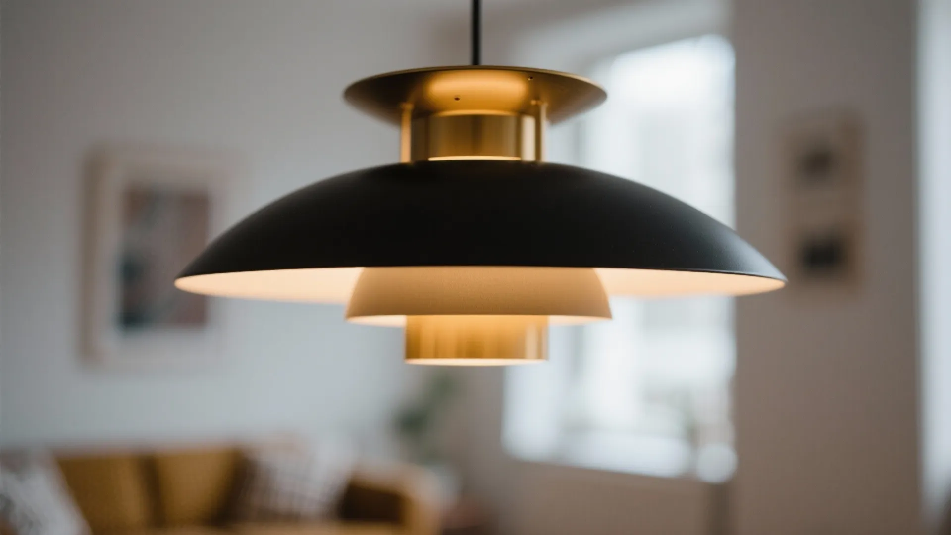 Close up of a black and gold tiered ceiling light hanging in a modern home