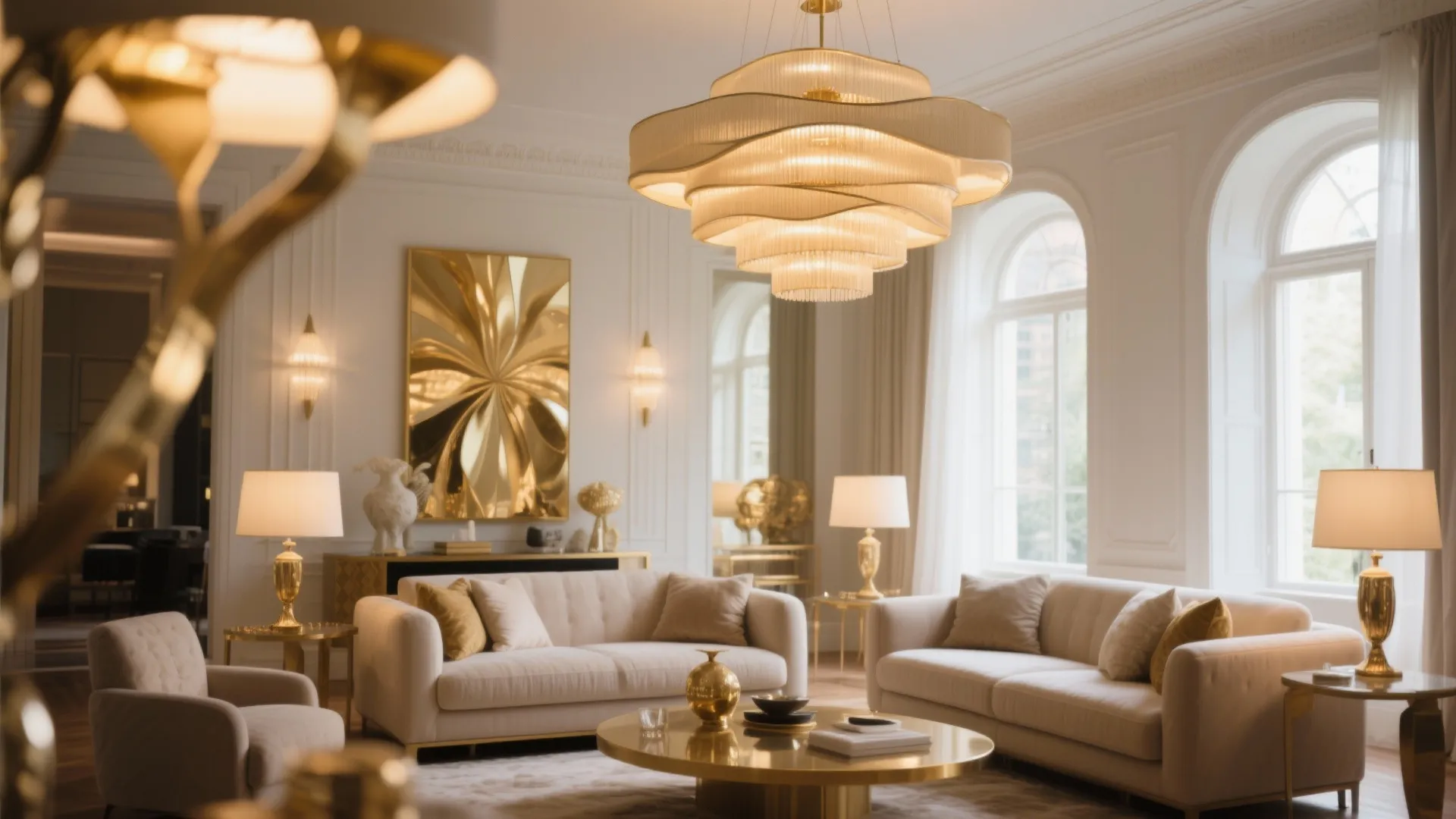 Luxury living room with large gold ceiling light white sofas round coffee table and arched windows