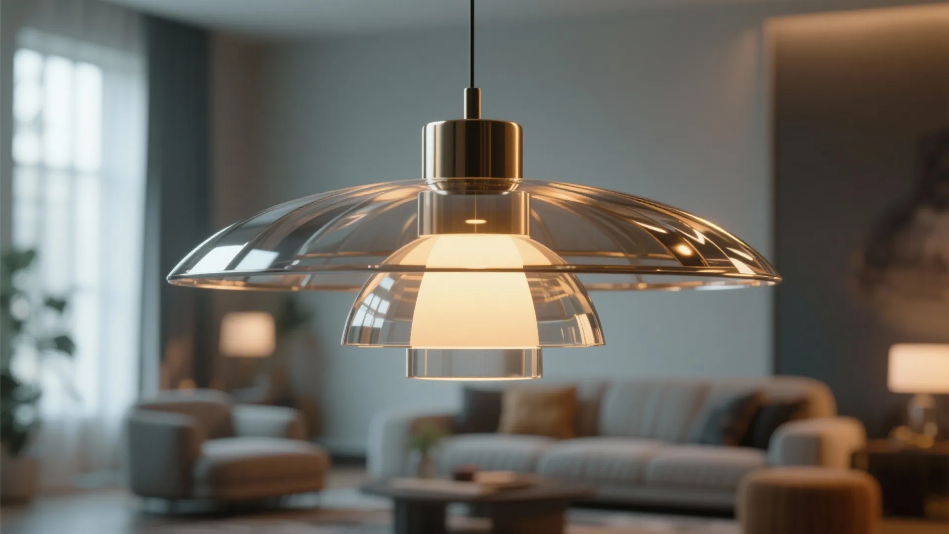 Modern glass ceiling light fixture hanging in a living room with sofa and wooden table