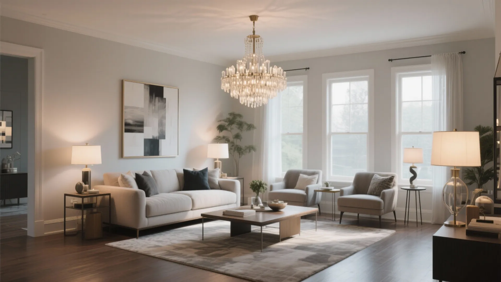 Elegant living room with ceiling light white sofa grey armchairs and dark wood floors in daylight