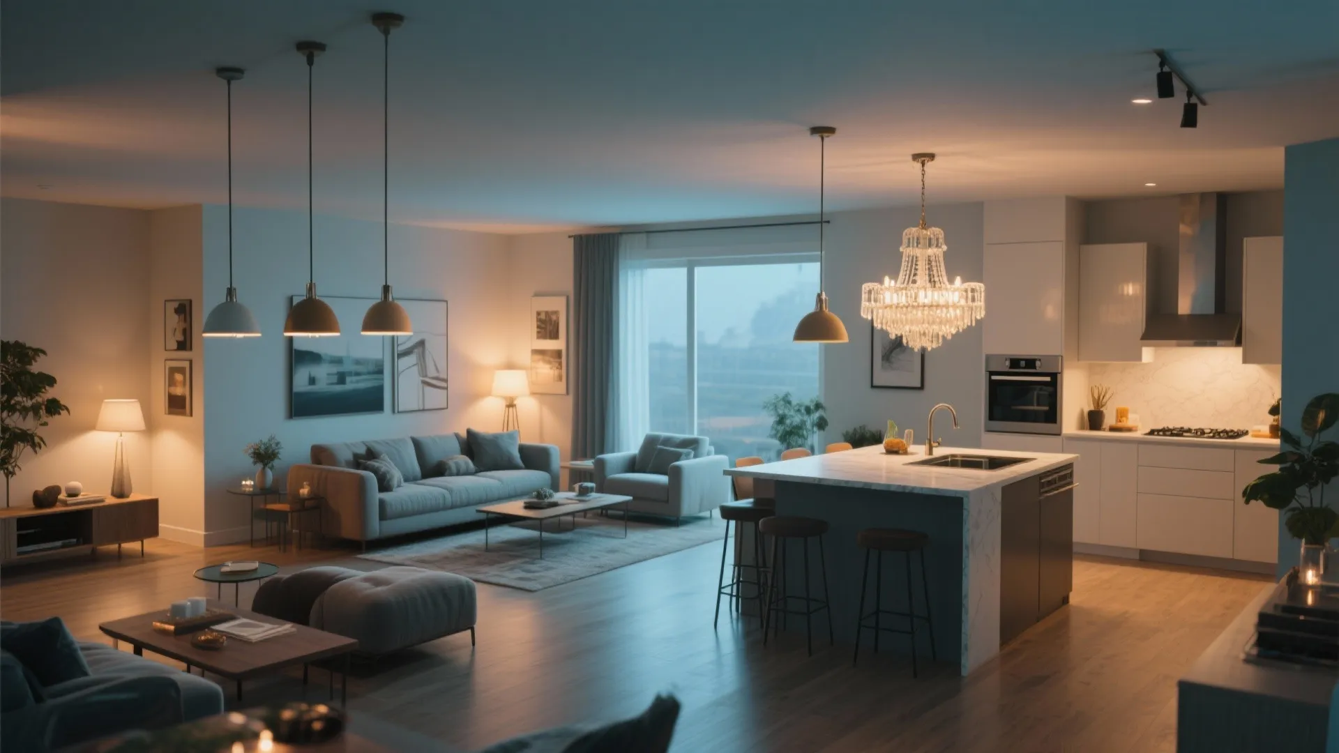 Modern open living room and kitchen featuring a crystal ceiling light and dark kitchen island