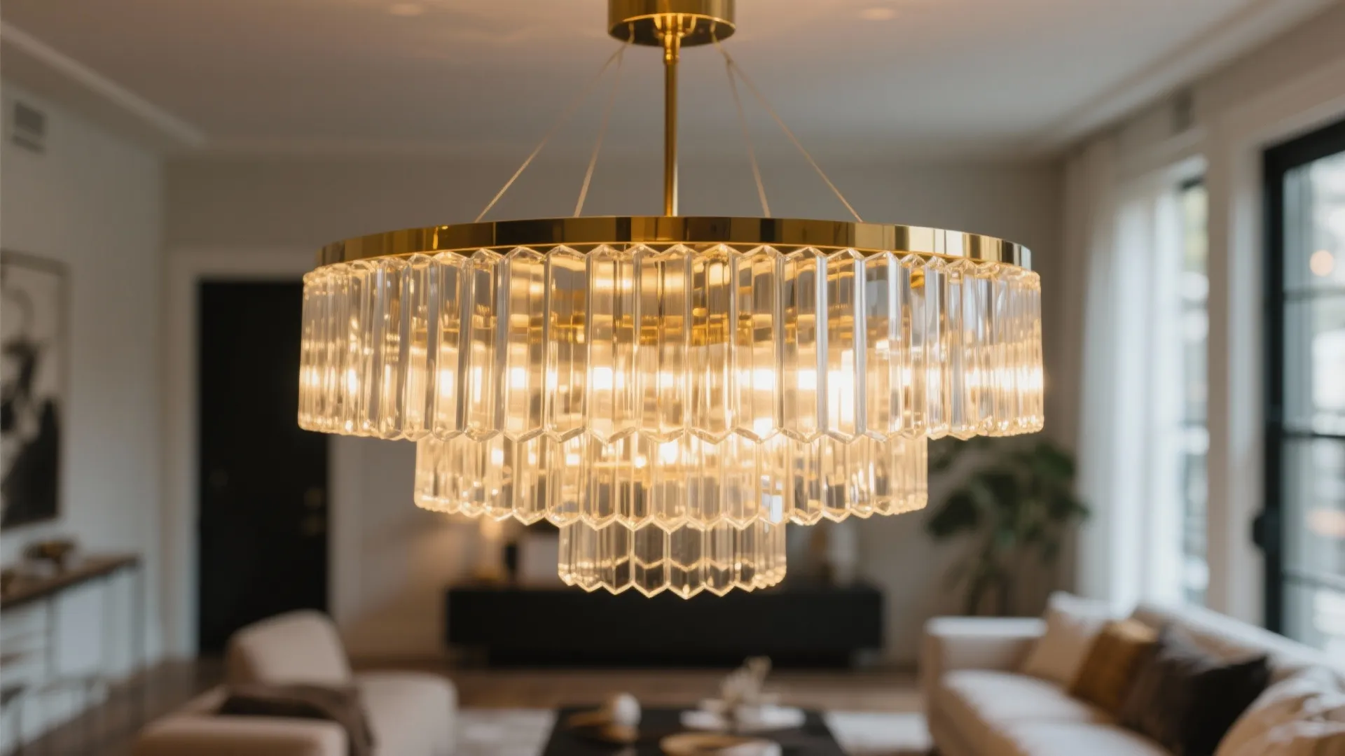 Large gold ceiling light with glass crystals hanging above a living room with white sofas