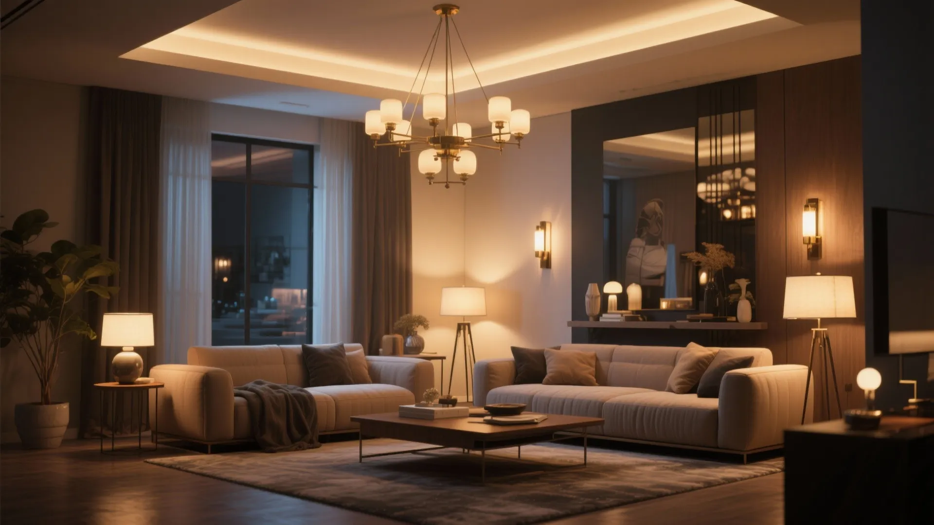 Elegant dark living room with large ceiling light two white sofas floor lamps and wall lights
