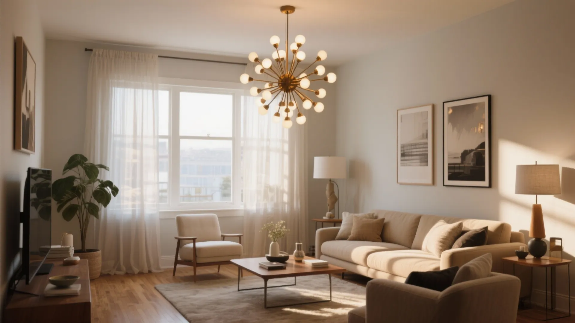 Modern living room with gold ceiling light beige sofa wooden floor and large white window