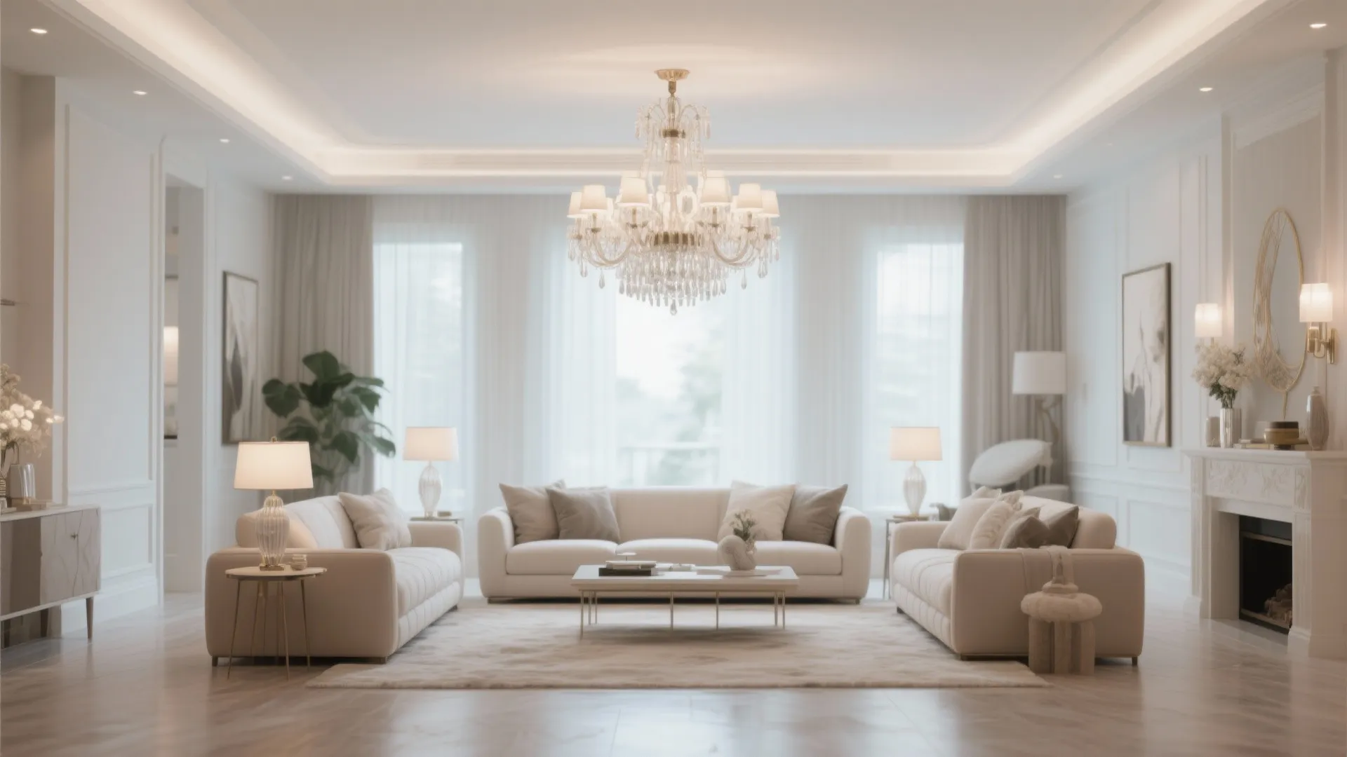 Elegant white living room with crystal ceiling light three beige sofas and a classic fireplace