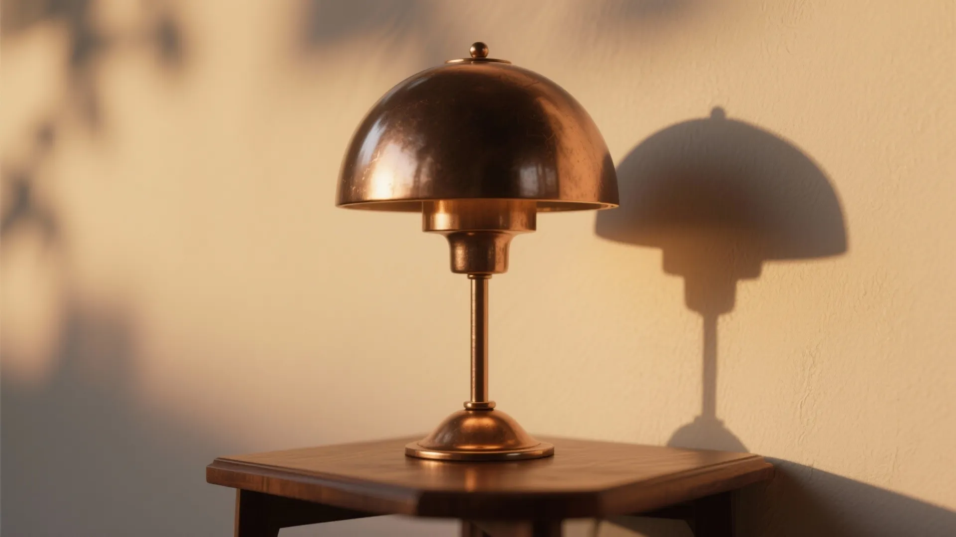 Bronze dome desk lamp on a wooden table casting a shadow against a warm wall