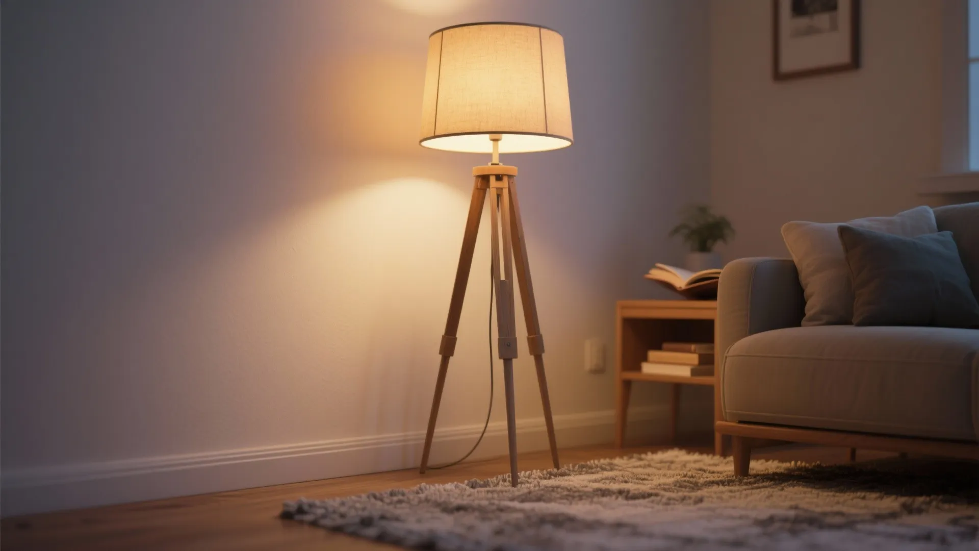 Tripod floor lamp glowing warmly in a small corner reading nook