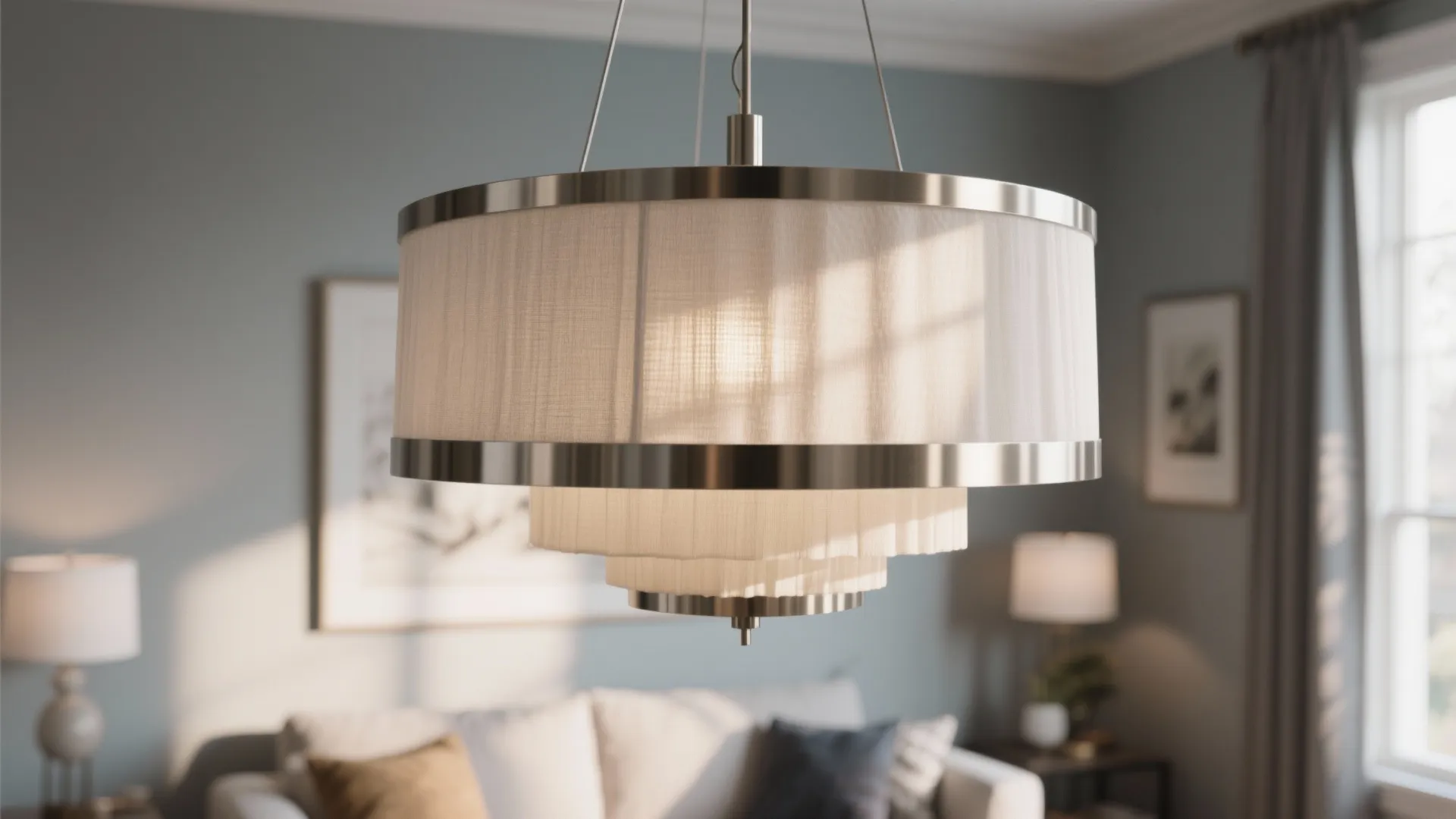Oversized pendant chandelier in a cozy modern living room