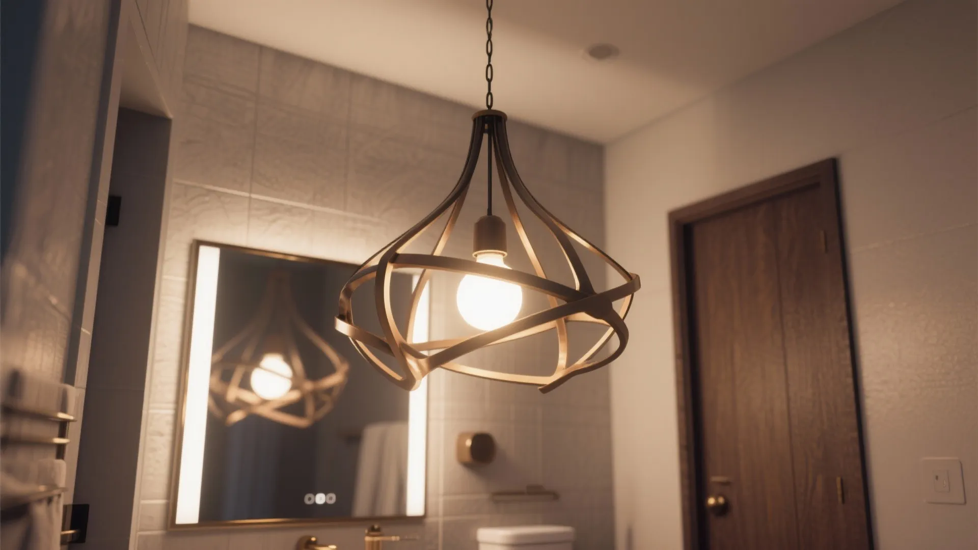 Unique gold metal ceiling light in bathroom with lighted mirror wooden door and white walls
