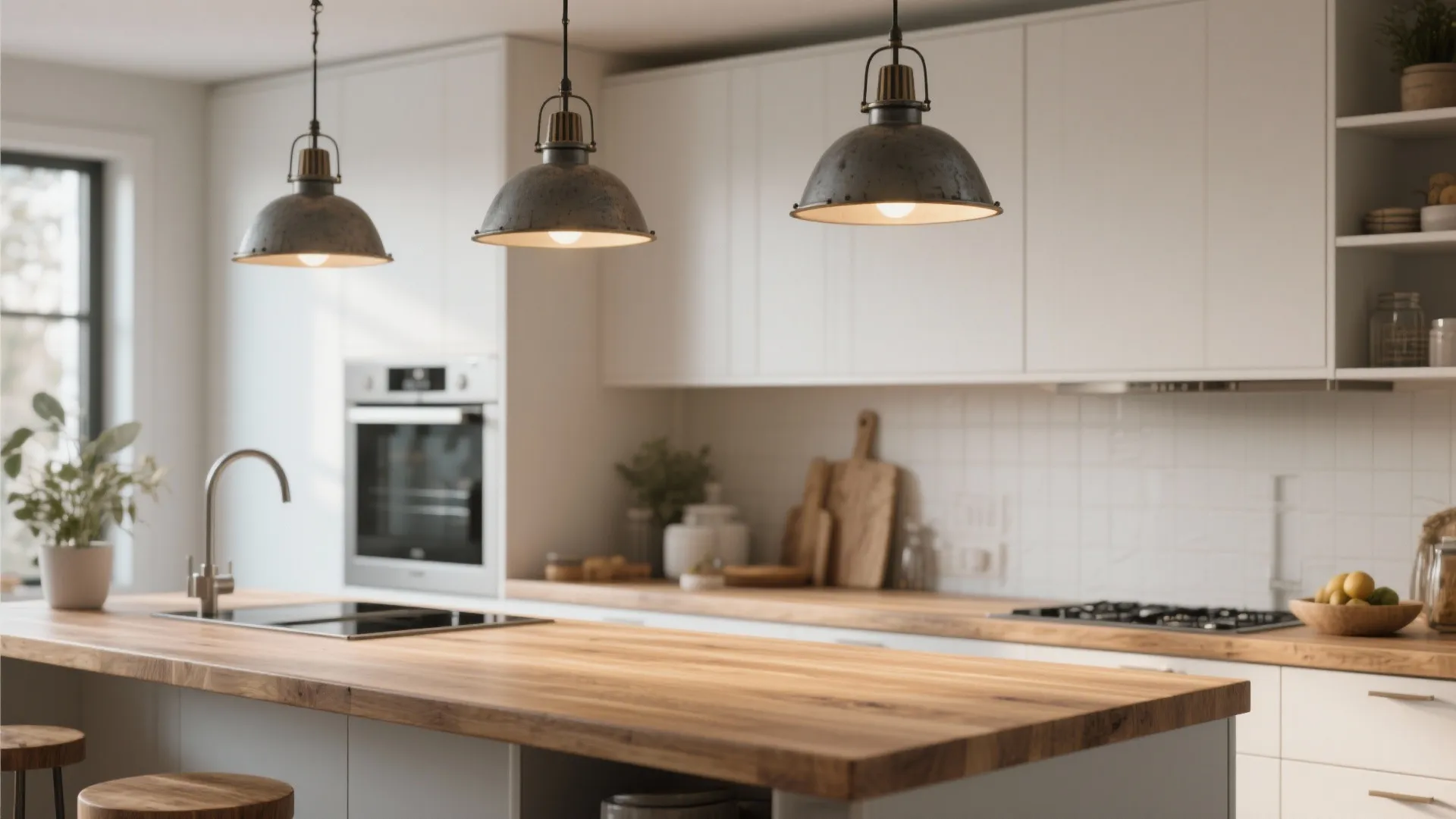 Pendant lights over Scandinavian-style kitchen island
