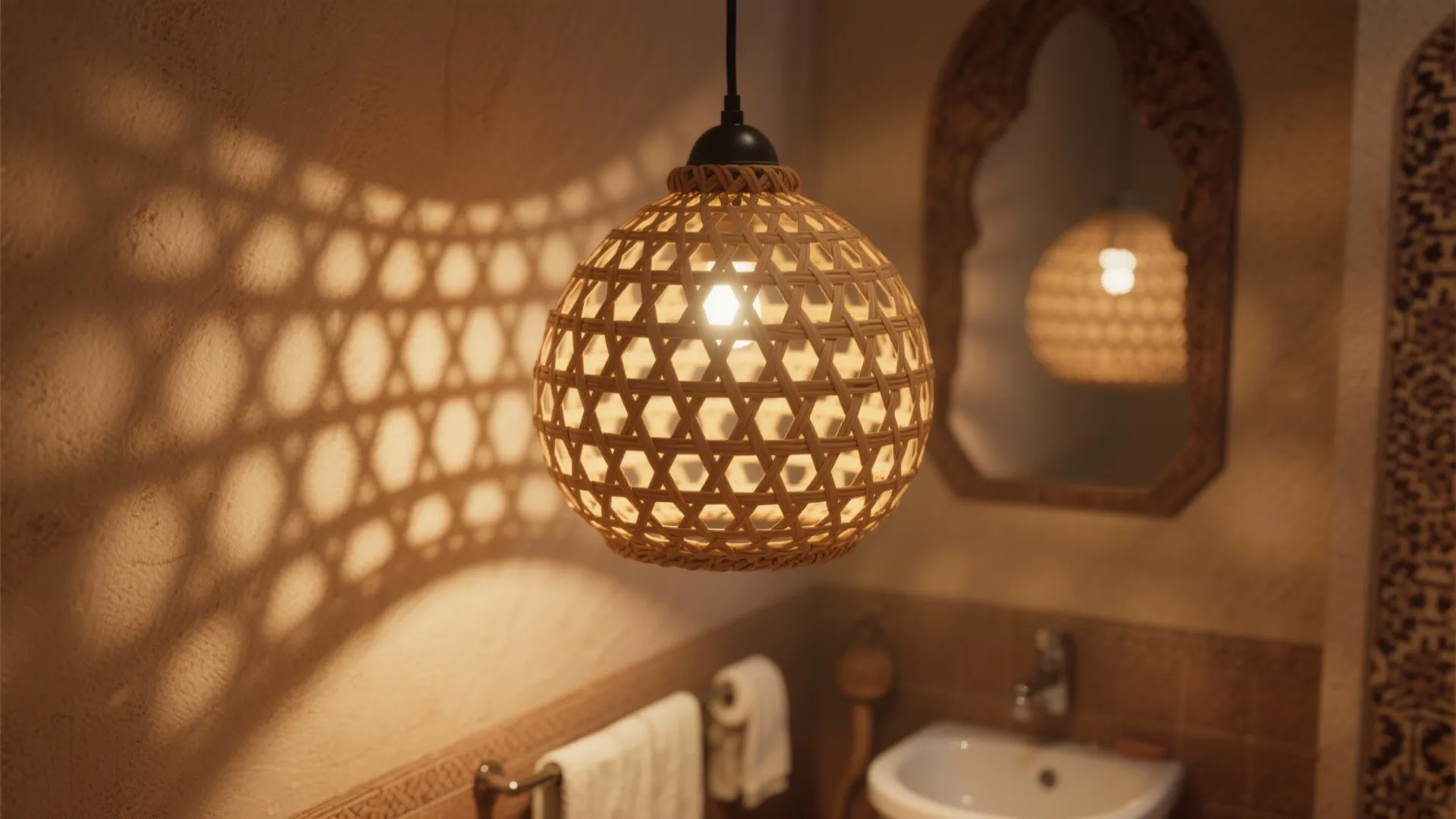 Woven ceiling light hanging in a bathroom casting geometric shadows on the wall near mirror
