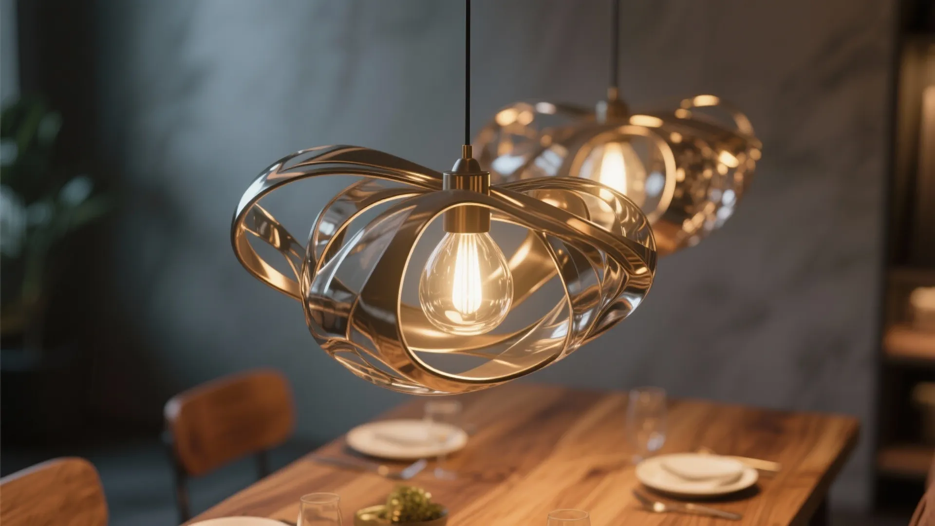 Two gold metal ceiling light fixtures hanging over a wooden dining table in a dark room