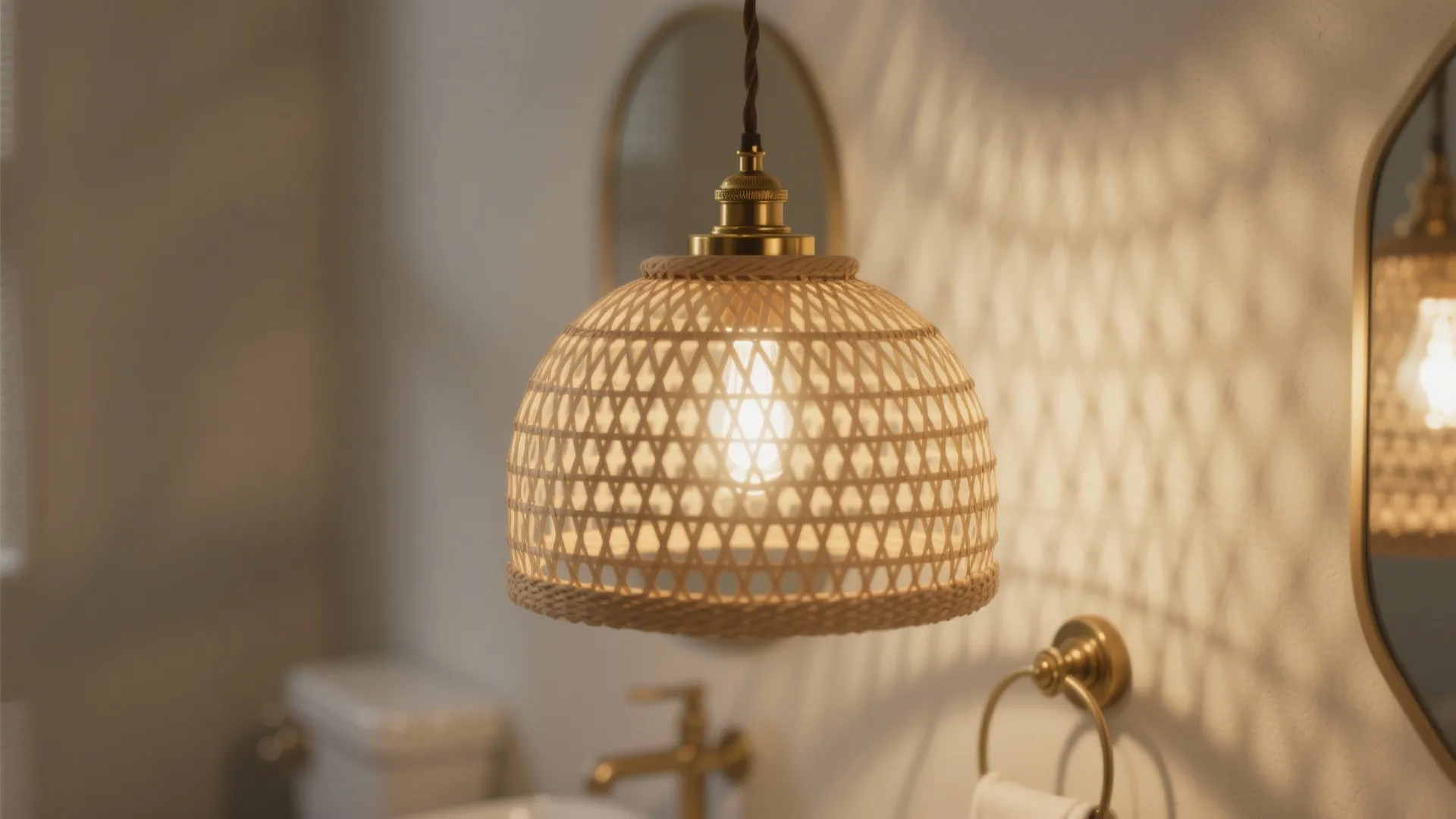 Woven basket ceiling light hanging in a bathroom with golden mirror and warm light glow