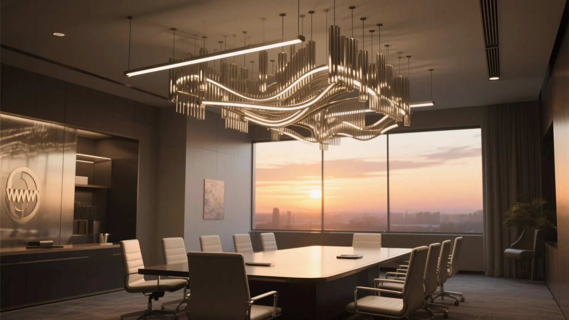 Conference room with large wooden table white chairs unique ceiling light and sunset city view