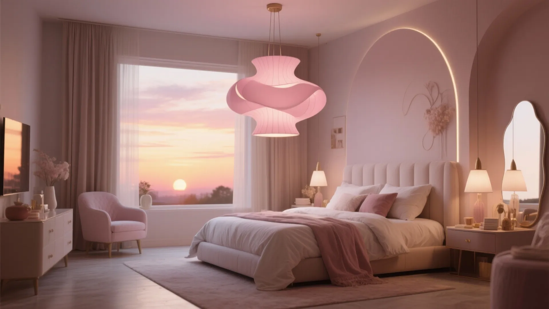Pink bedroom featuring a large ceiling light, soft bed, pink sofa, and beautiful sunset window