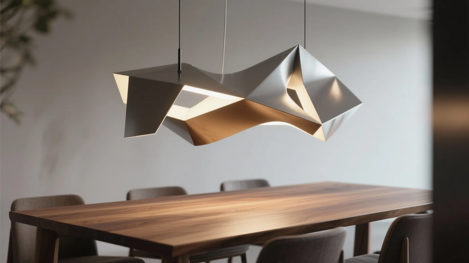 Modern geometric silver ceiling light hanging over a large wood dining table in a home