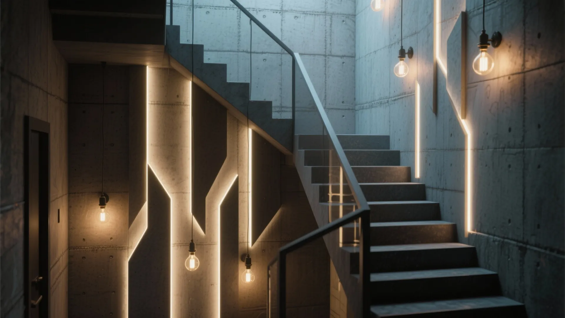 Industrial concrete staircase with glowing wall lights and hanging light bulbs in a dark hallway