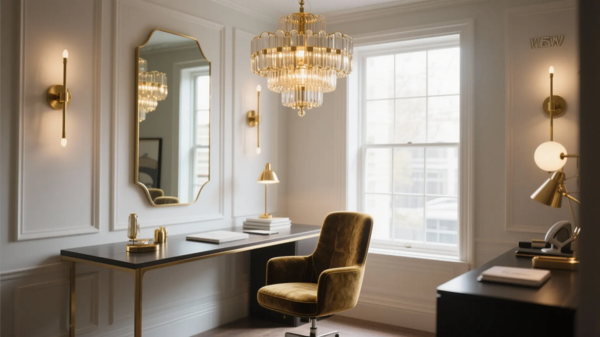Modern office interior featuring gold ceiling light wall lights brown velvet chair and dark wood desk