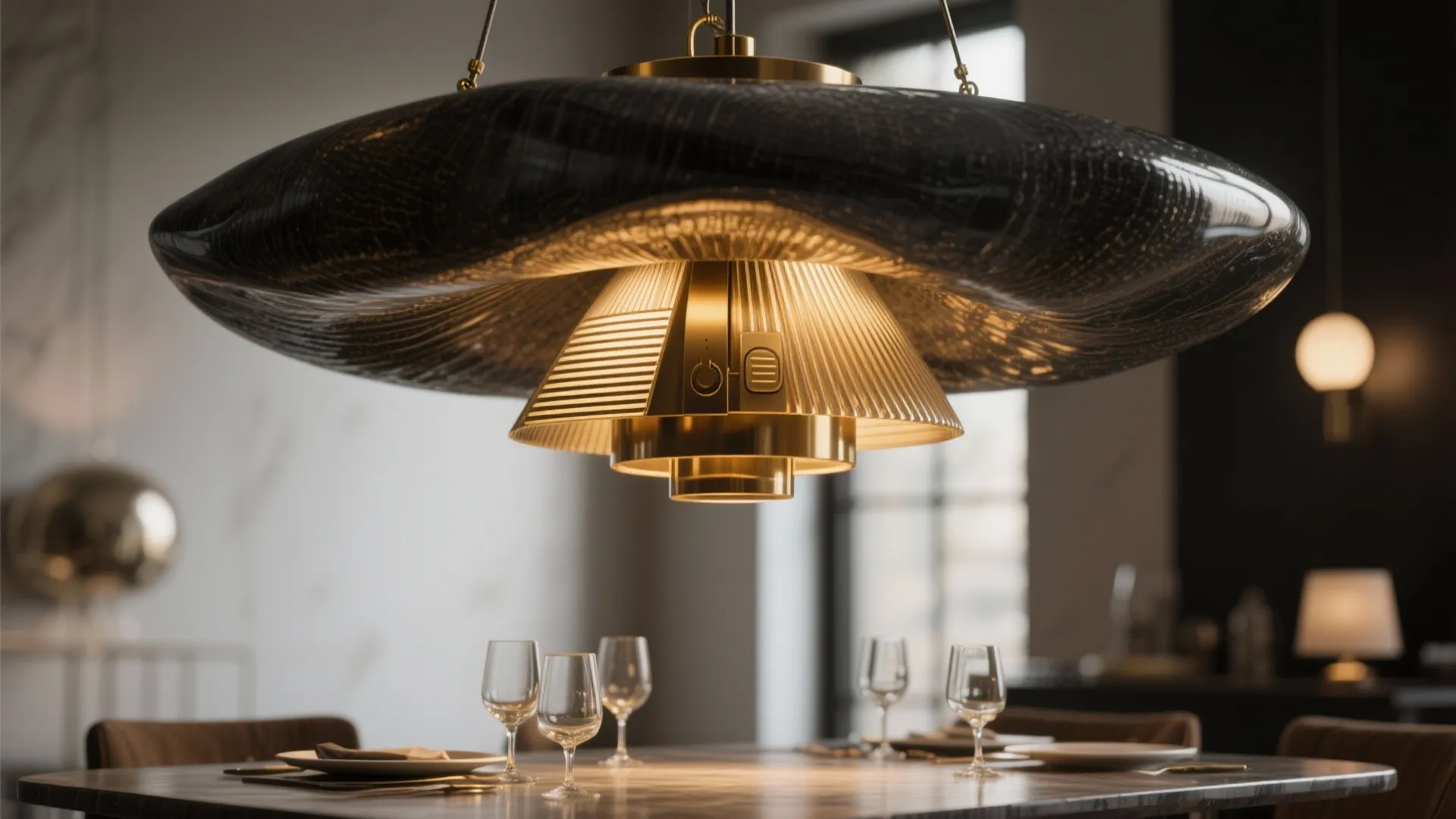Sculptural pendant light with warm directional beam defining a private dining table.