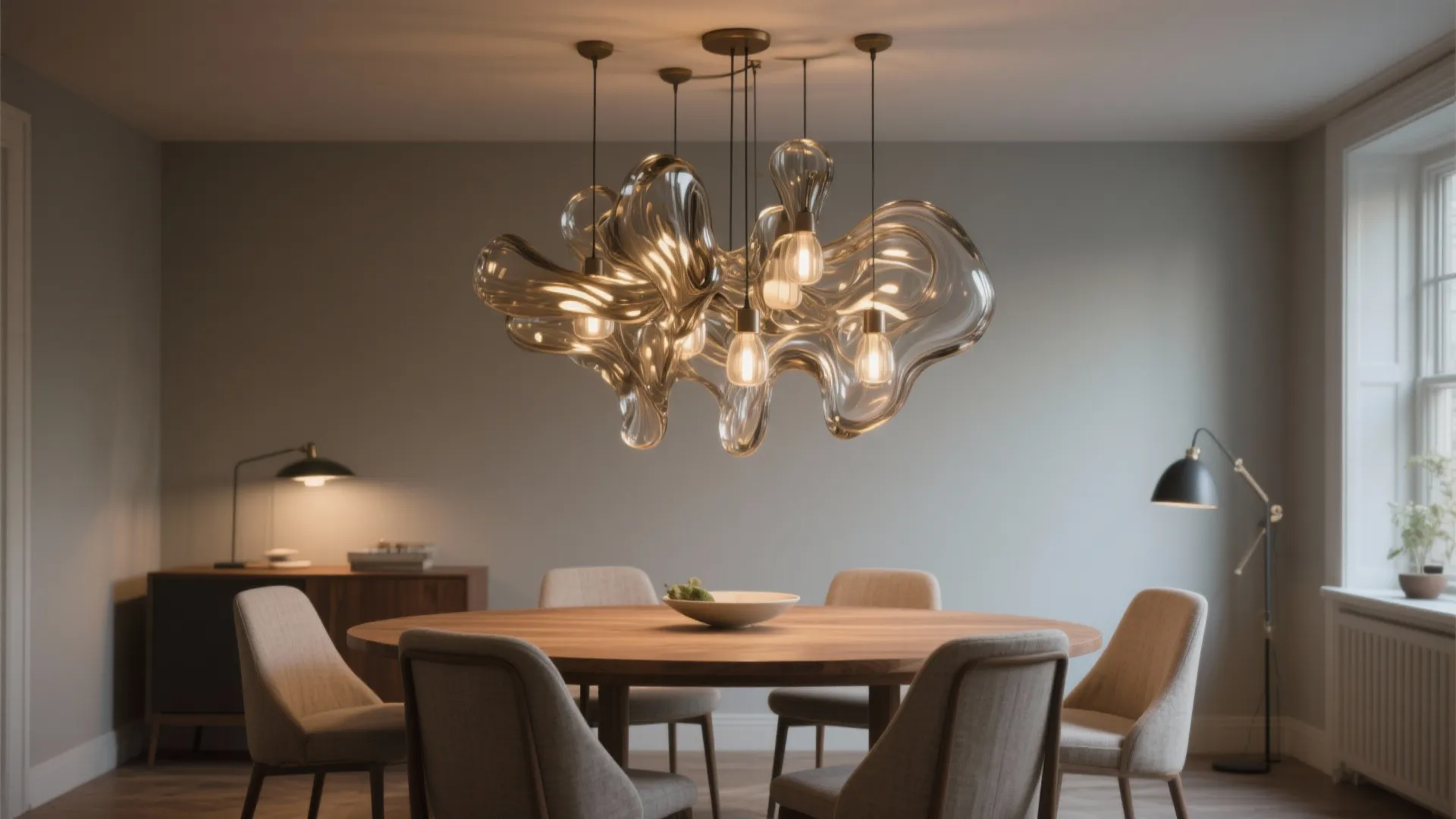Modern dining room featuring unique glass ceiling light above a wooden table with beige chairs