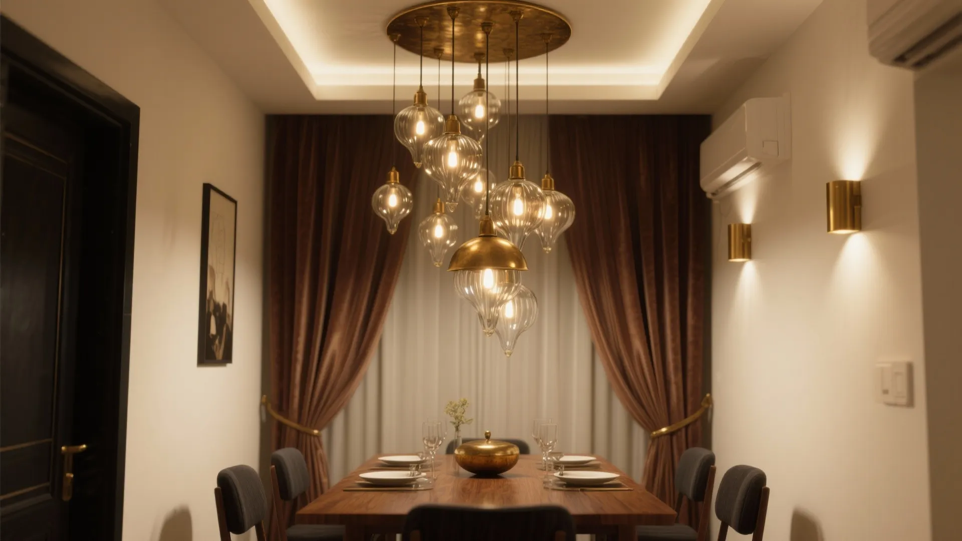 Modern dining room with wooden table and glass ceiling light fixtures under warm dark curtains