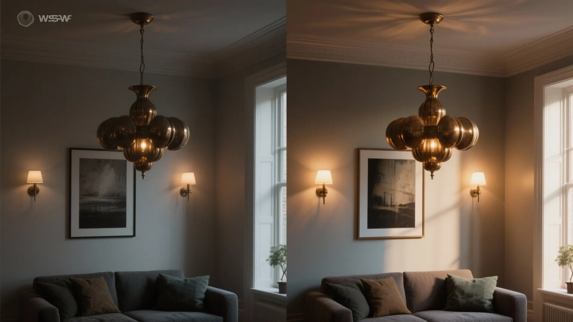 Before-and-after of a small room transformed by a sculptural pendant and dimmable wall sconces.