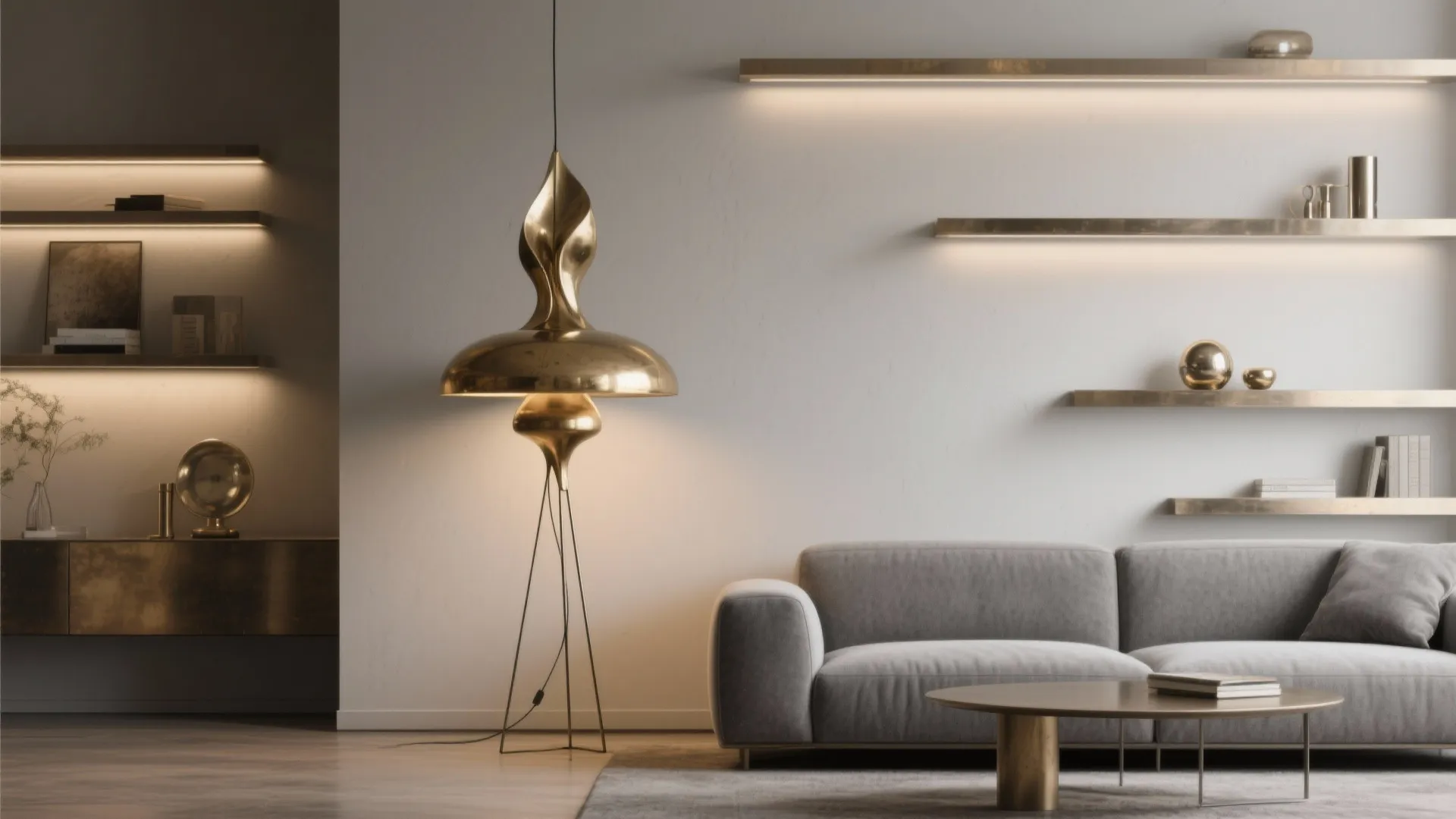 Modern living room featuring unique gold light fixture grey sofa wall shelves and coffee table