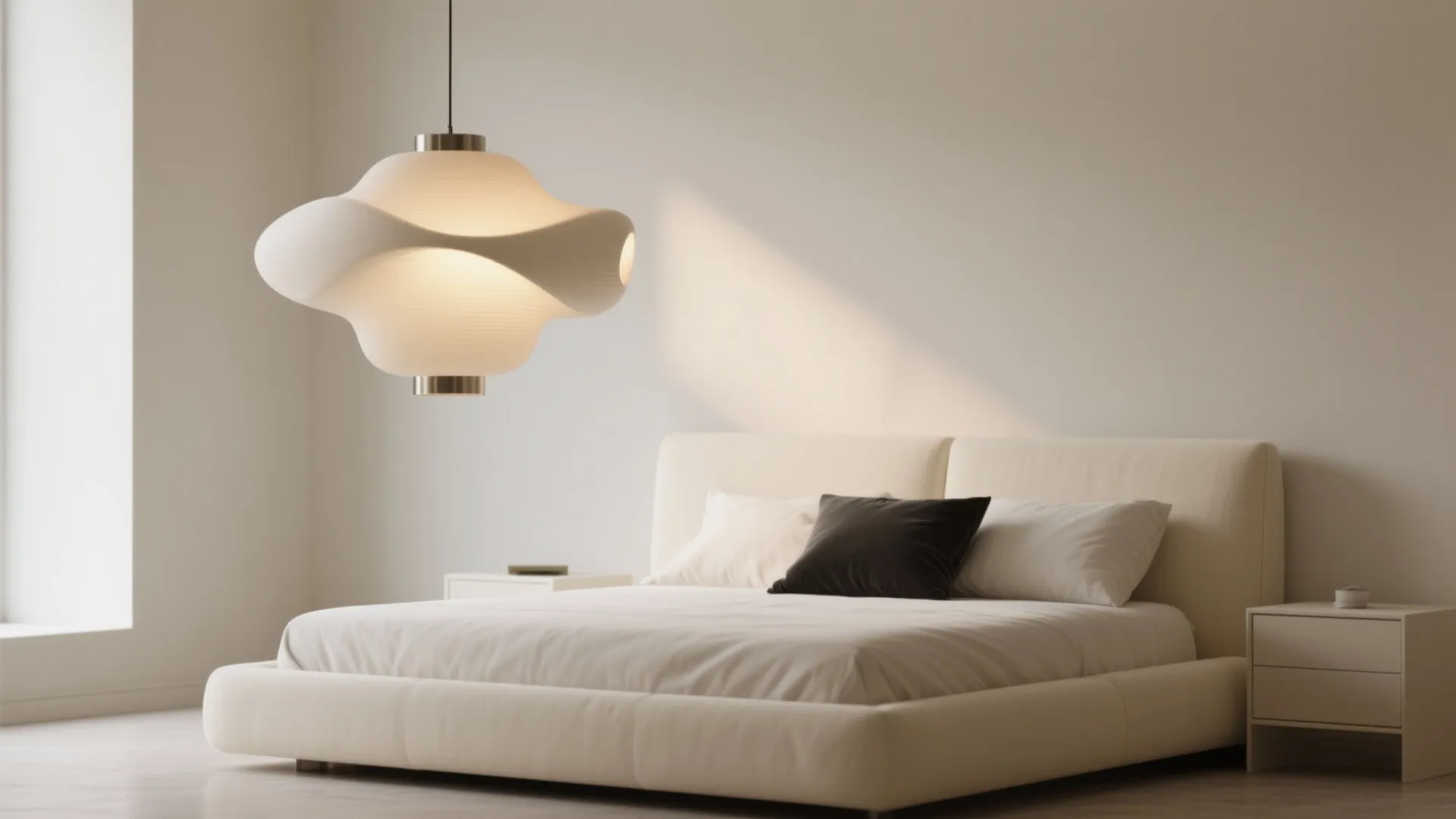 5. Minimal Cream Set with Statement Lighting