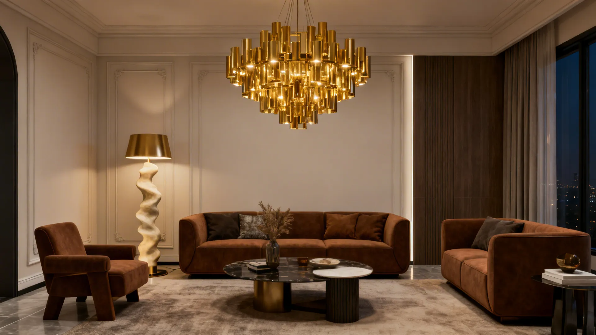 Modern living room with large gold ceiling light, brown sofas, and a marble coffee table