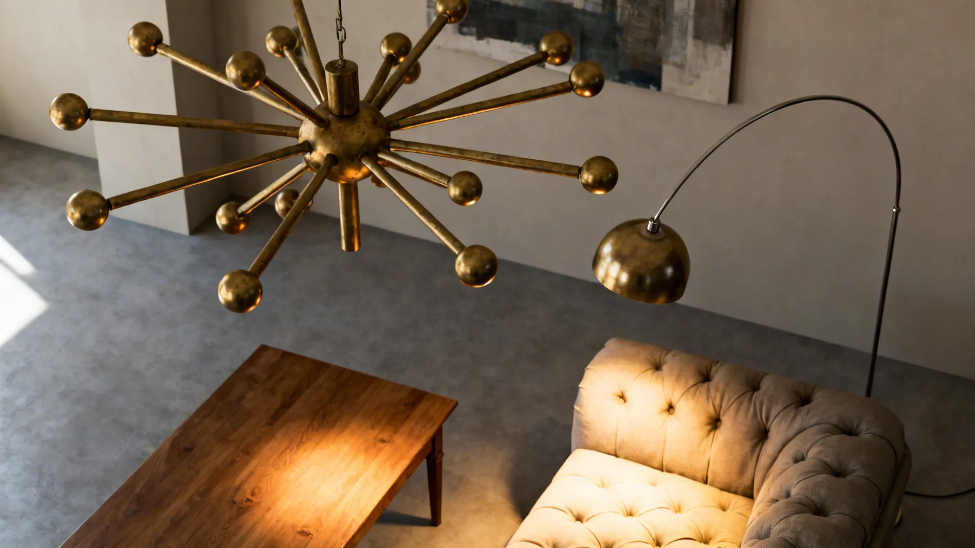 Sputnik chandelier and arc floor lamp as sculptural, functional lighting in a living room