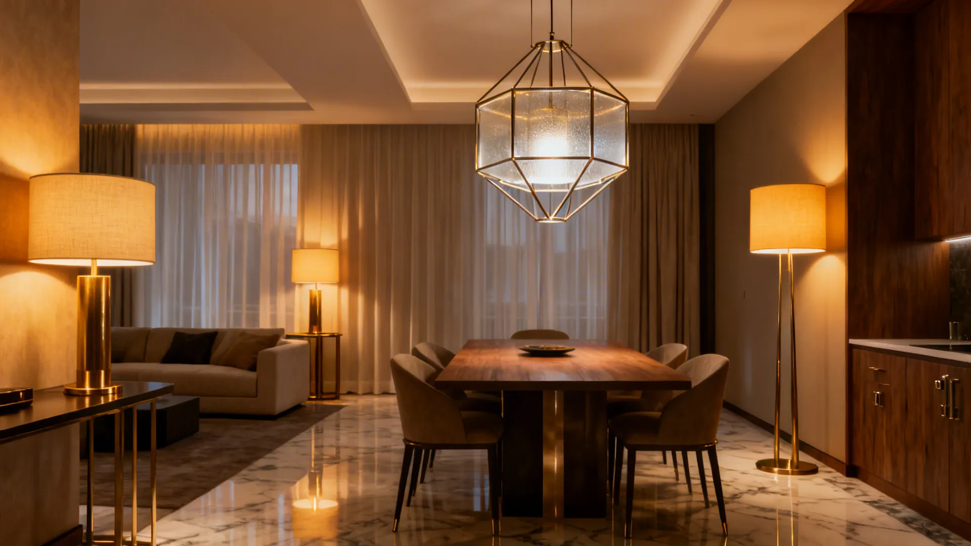 Sculptural pendant light above dining table with layered lamps in the living area creating distinct moods