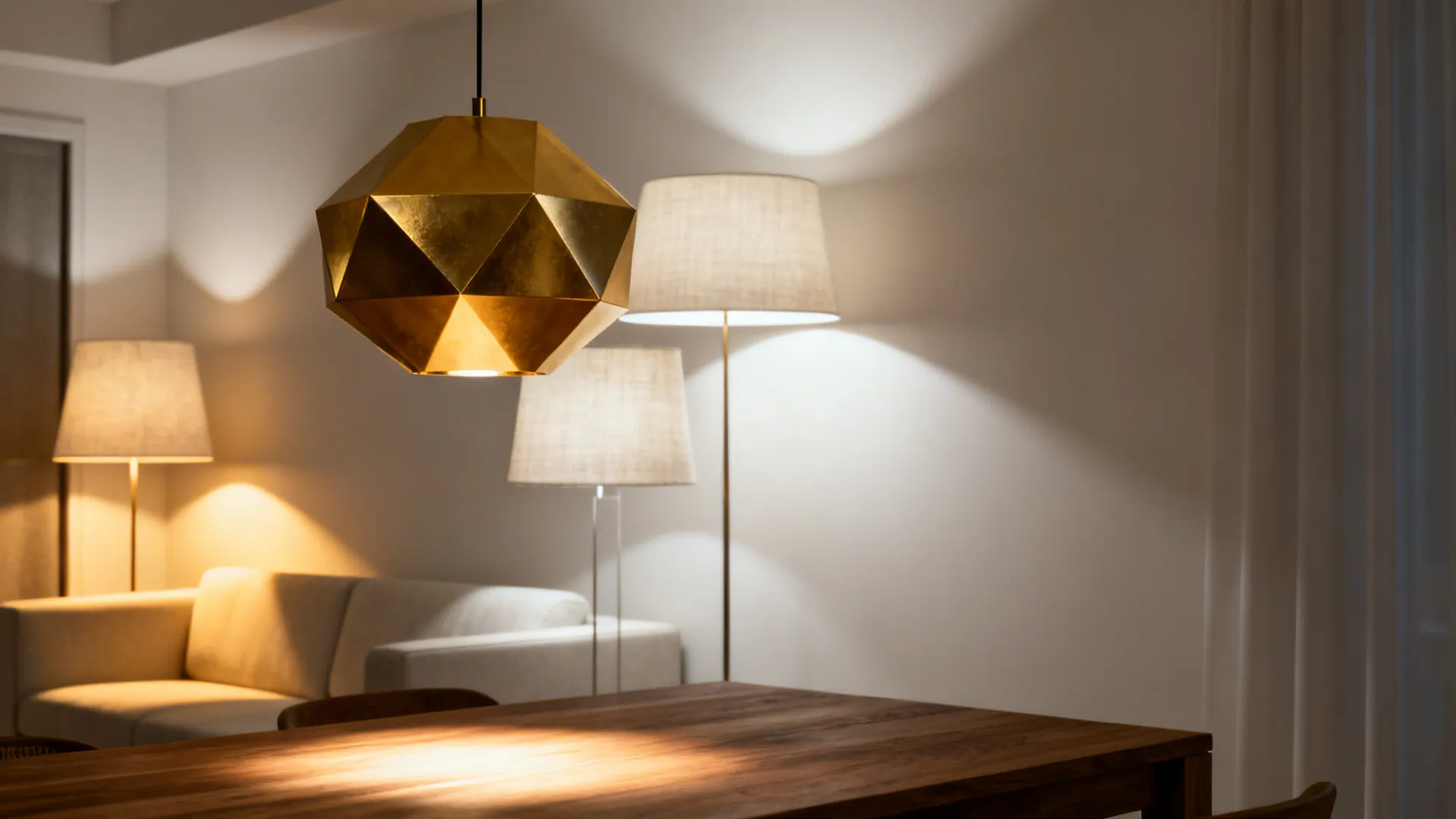 Gold geometric ceiling light hanging over a wooden table with white sofa and floor lamps