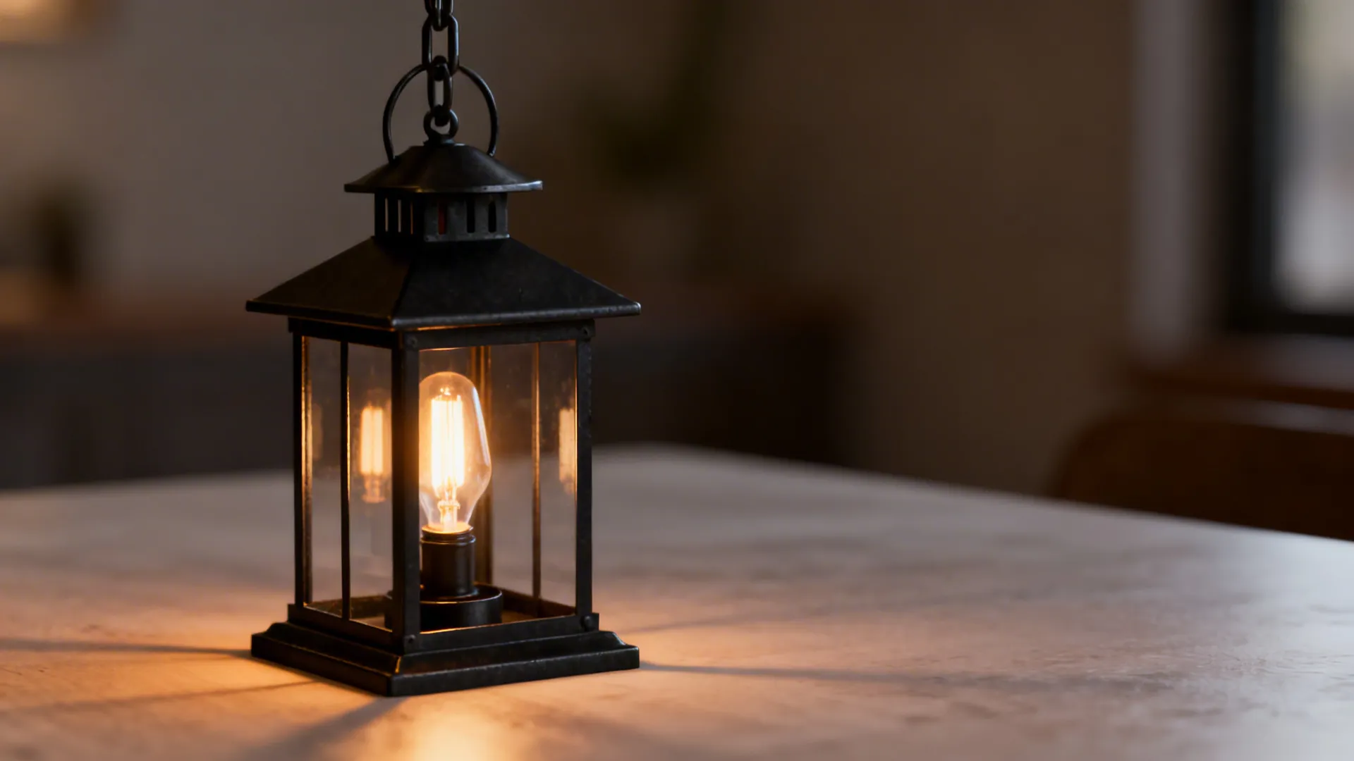 Black iron chandelier lantern casting warm light over a farmhouse dining table
