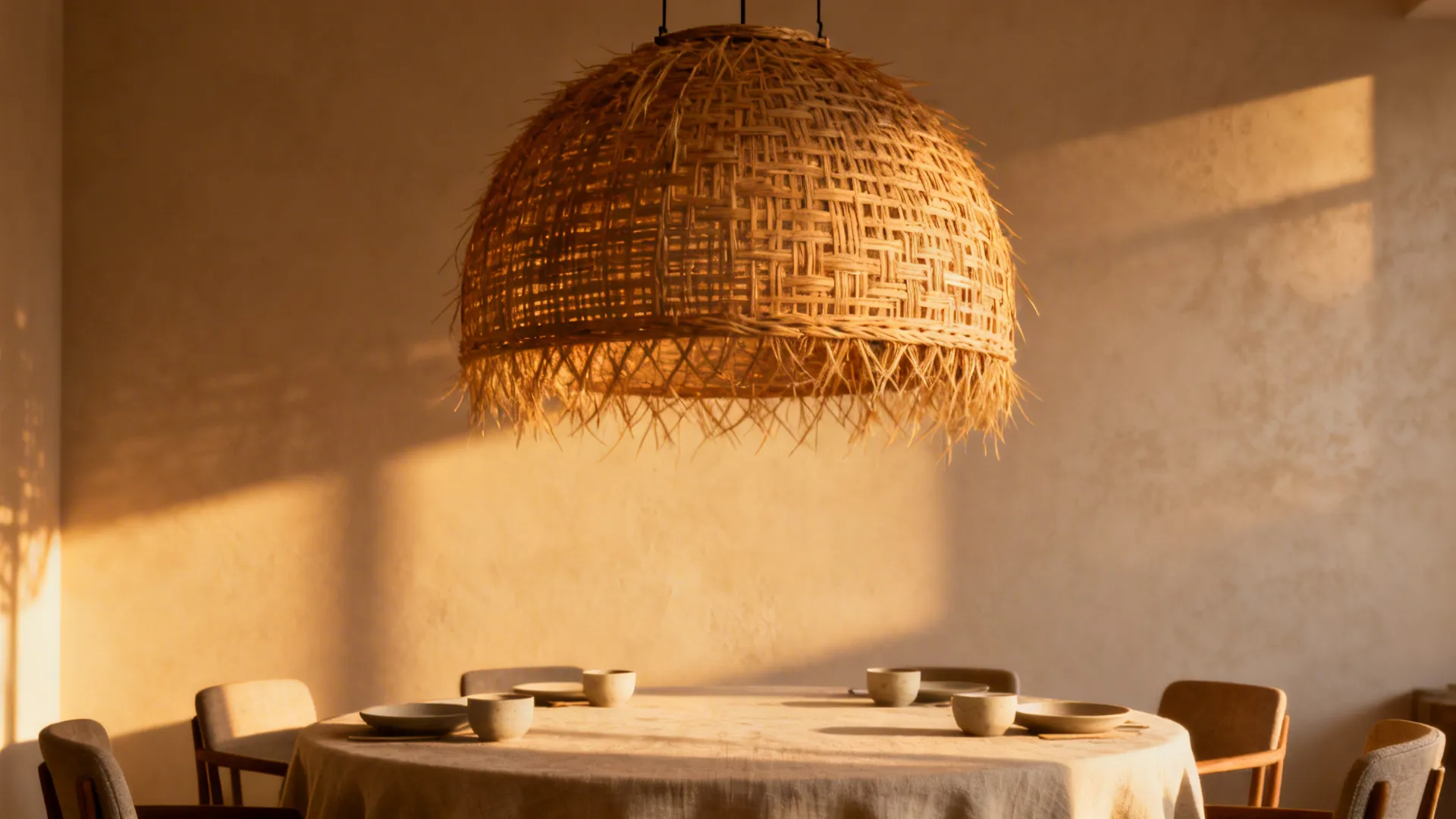 Oversized rattan pendant light centered above a round dining table, casting warm light.