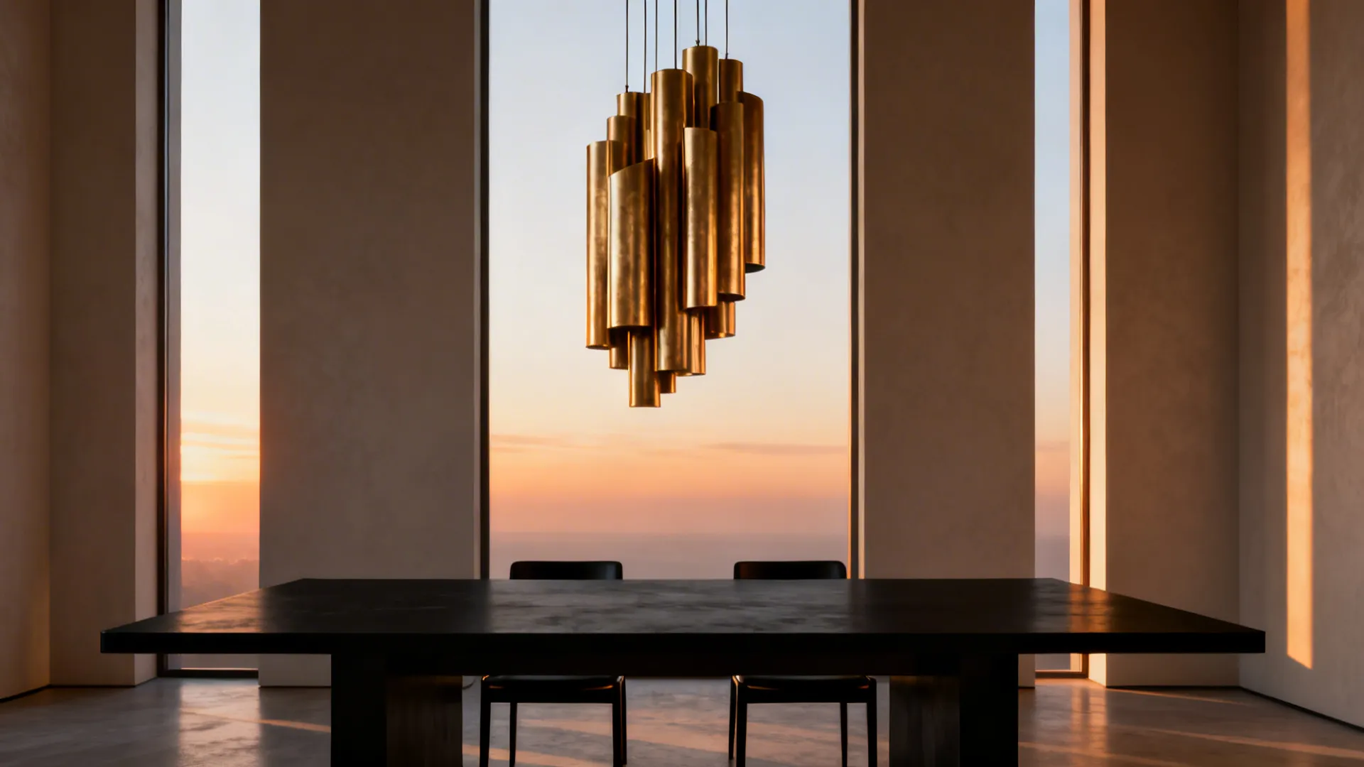 Large black dining table with gold ceiling light hanging above against a sunset window background