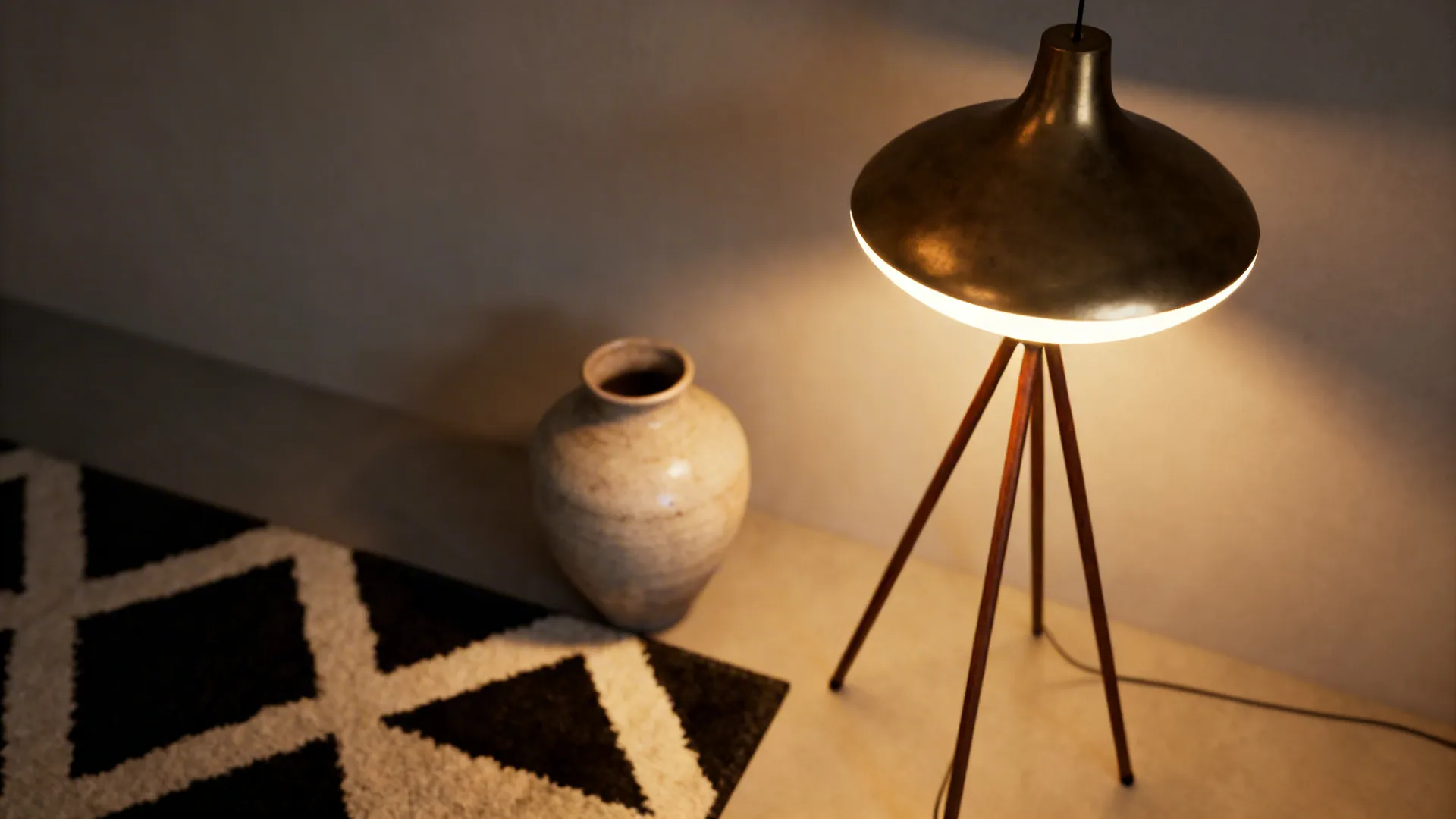 Sculptural pendant and tripod lamp lighting a minimalist mid-century vignette.
