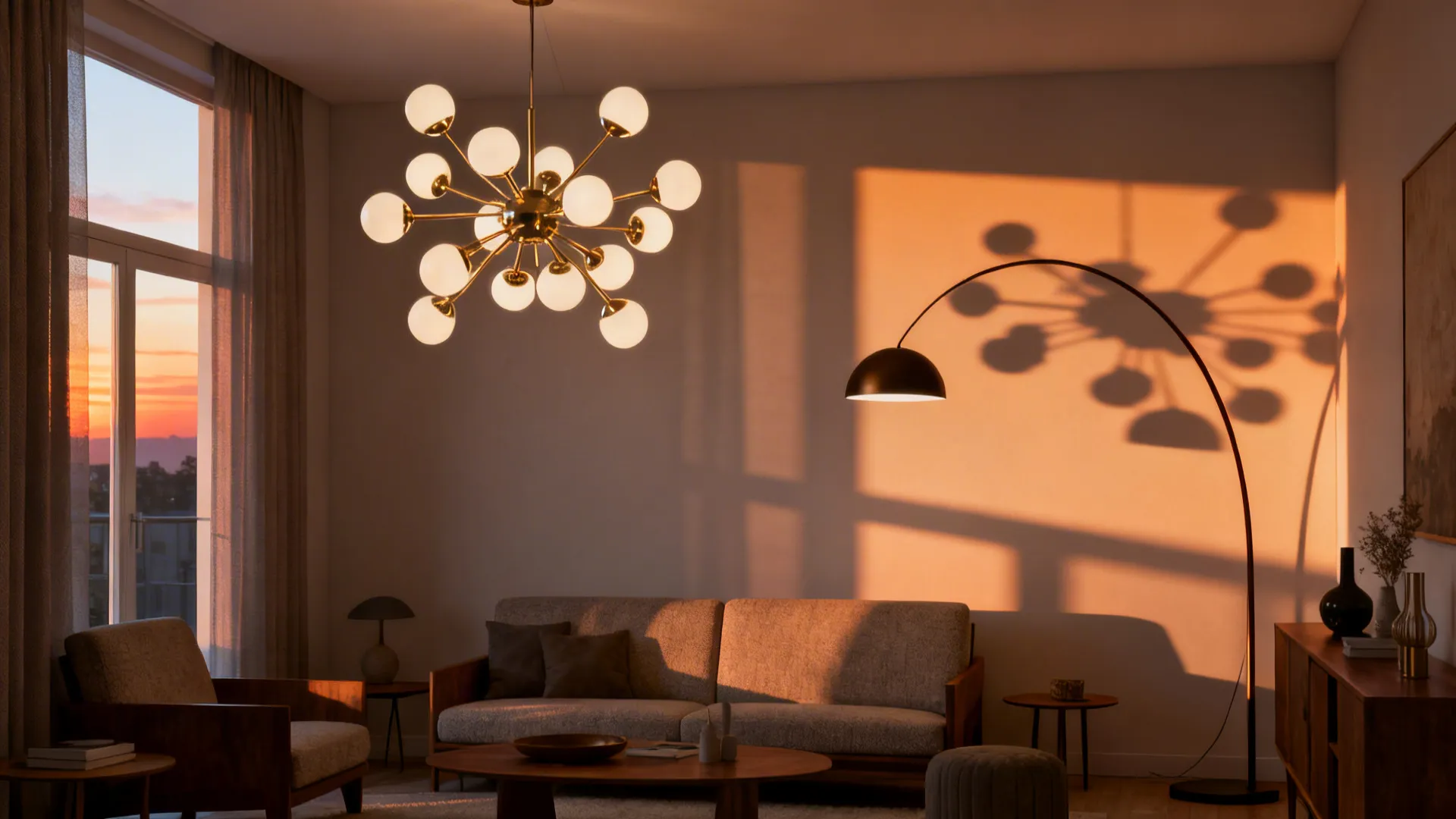 Modern living room at sunset with large ceiling light floor lamp sofa and warm shadows