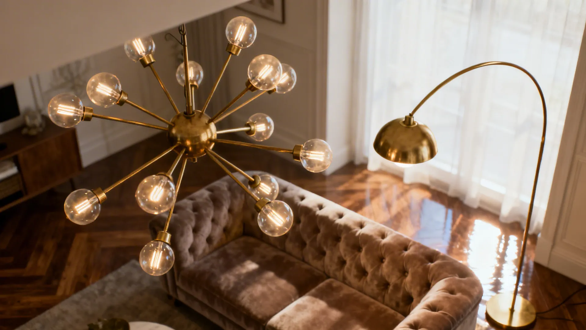 Sputnik chandelier and arc floor lamp in a mid-century styled small living room