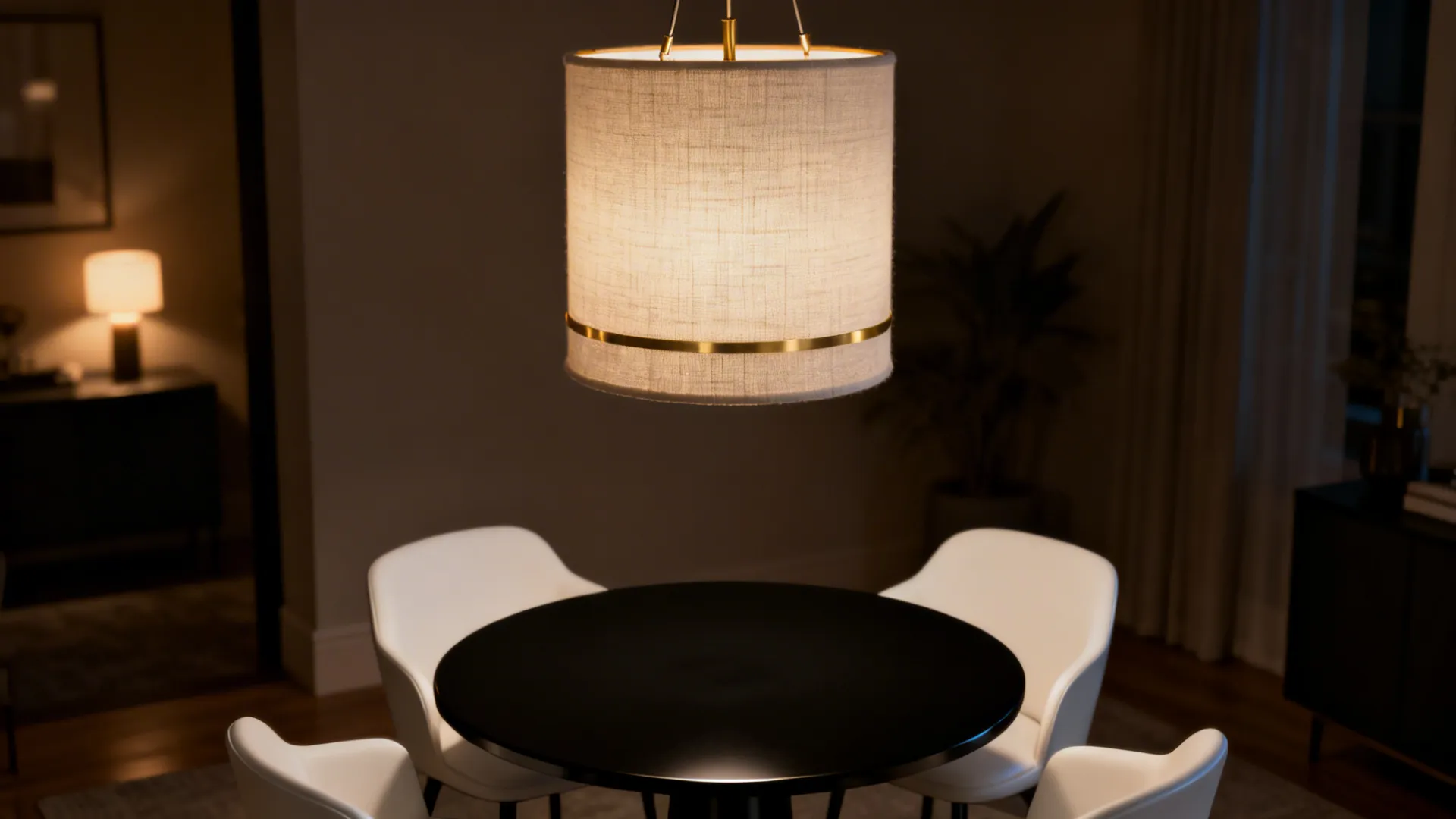 Linen drum pendant with brass over a black table and white chairs.