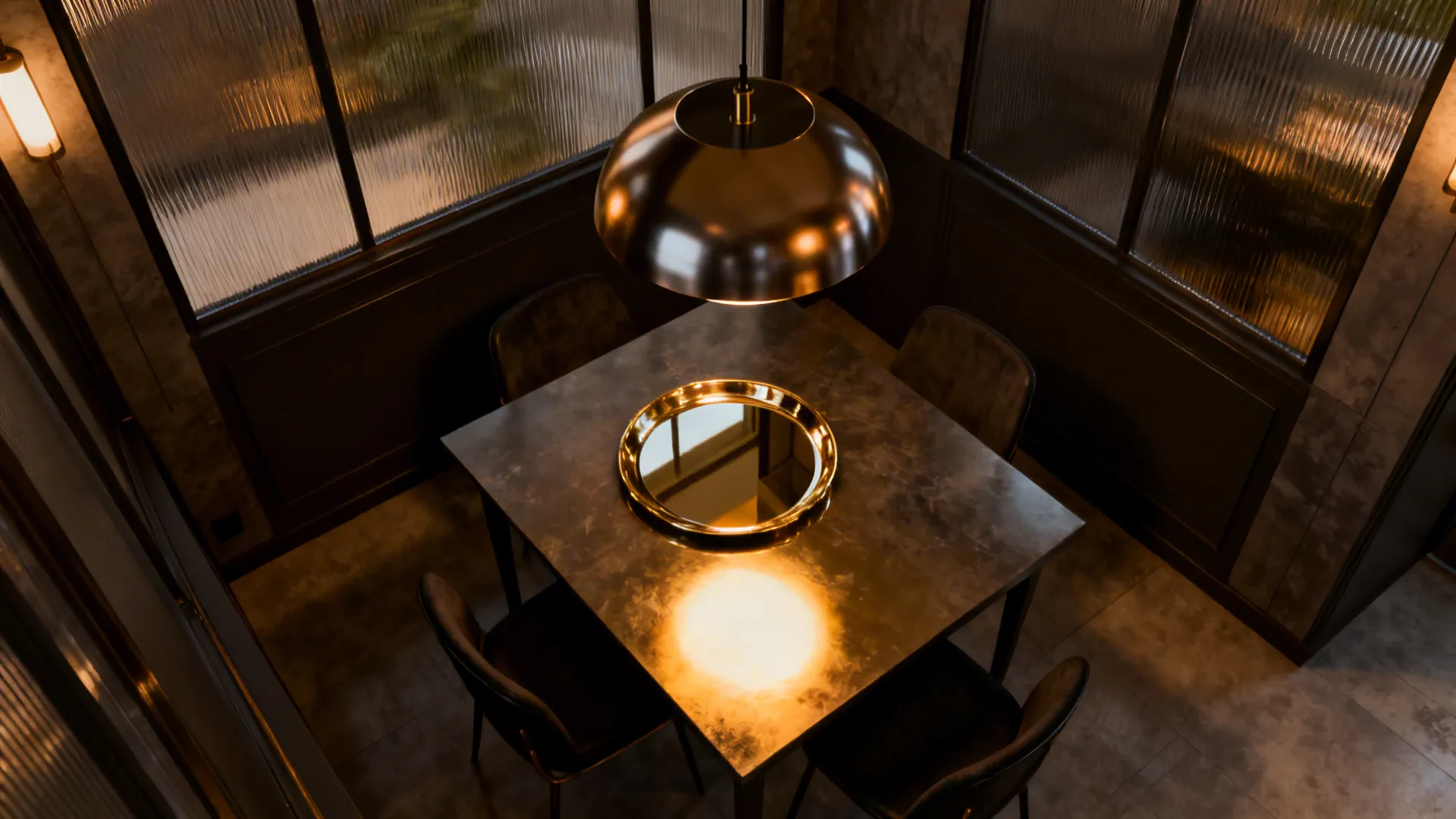 Dining table under a bold pendant light with a mirrored brass tray reflecting warm ambient light.