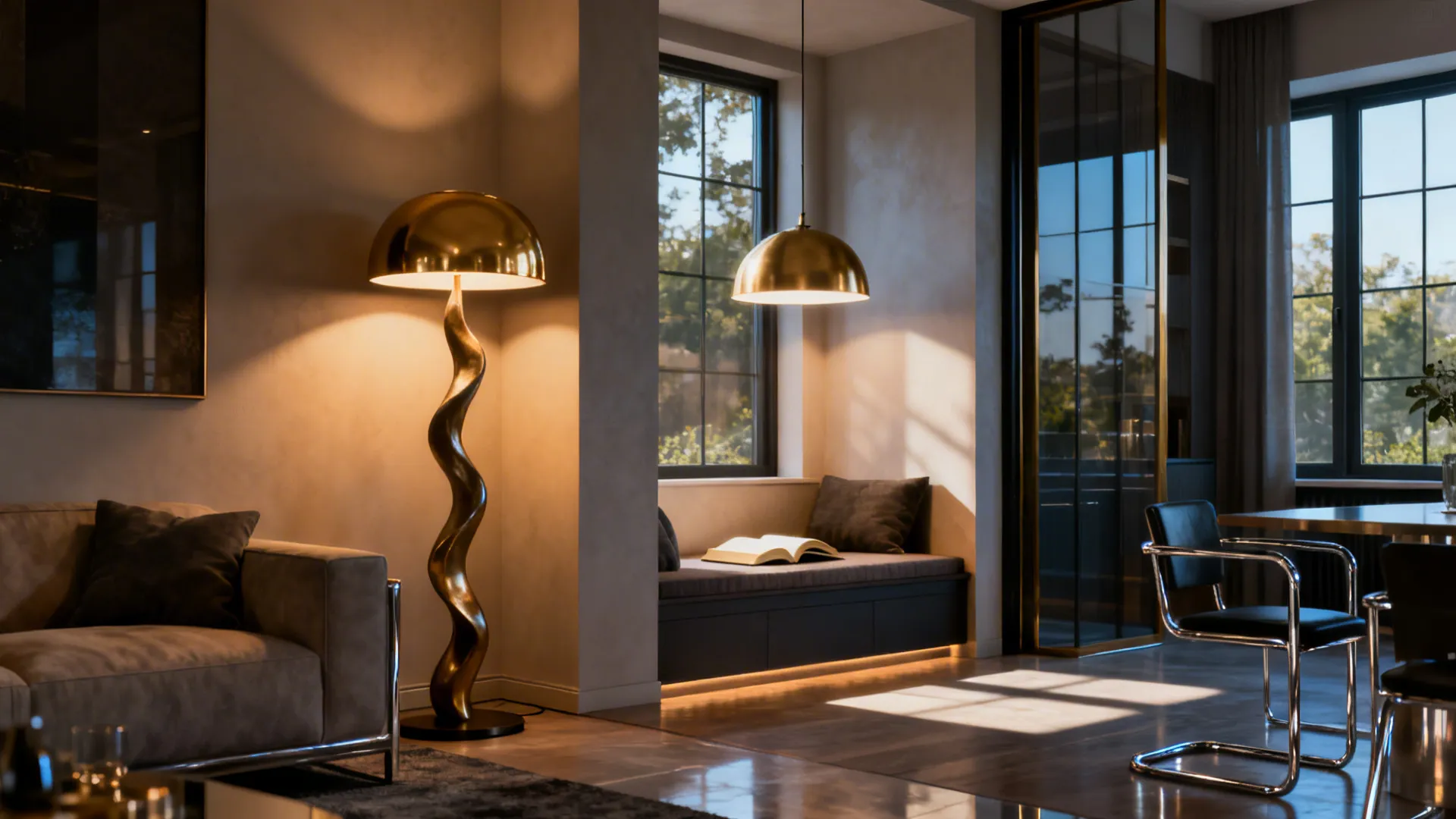 Living room zone defined by a sculptural floor lamp and pendant over a reading nook