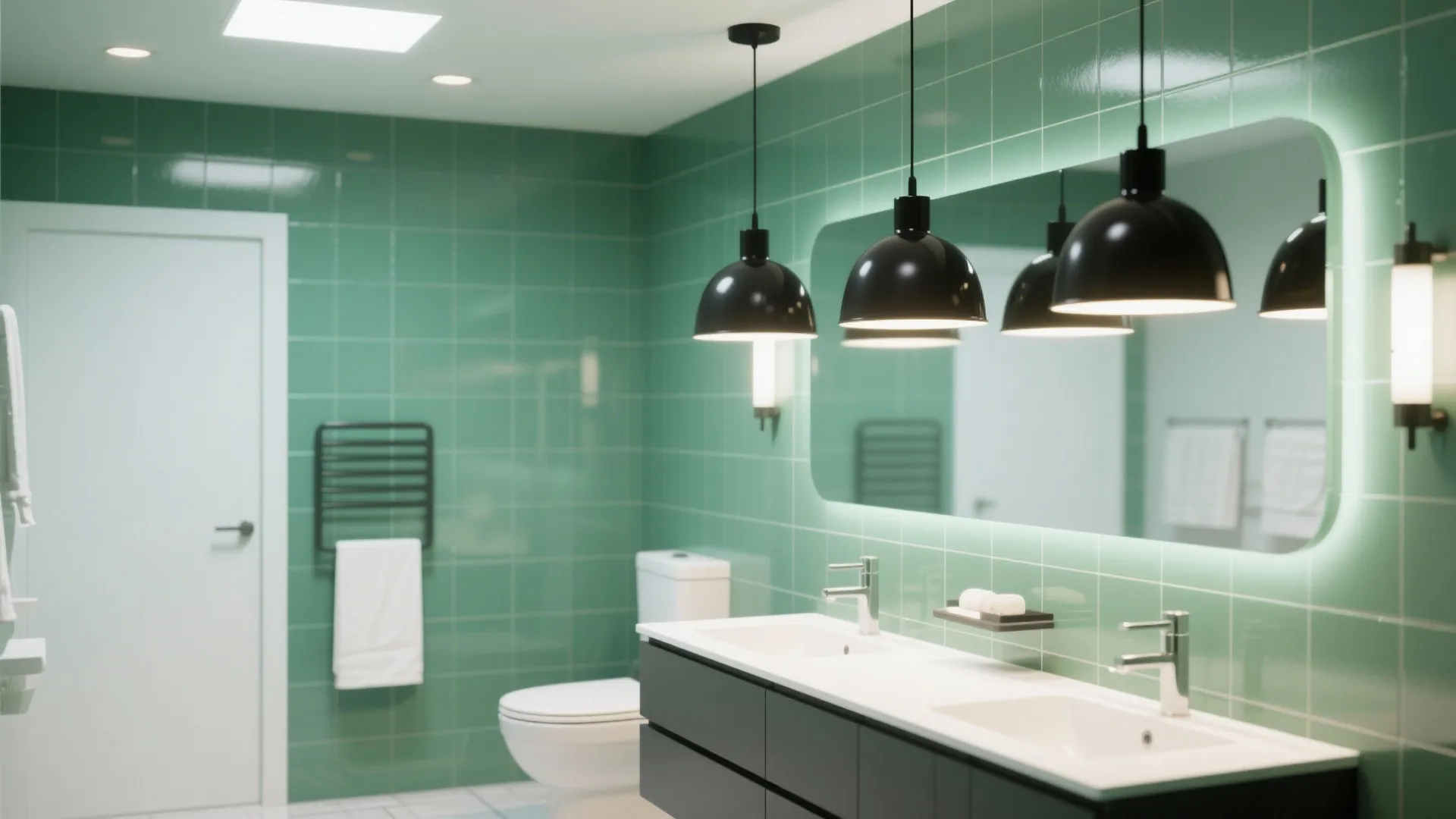Green tiled bathroom with black hanging lights large lighted mirror grey cabinet and white sink
