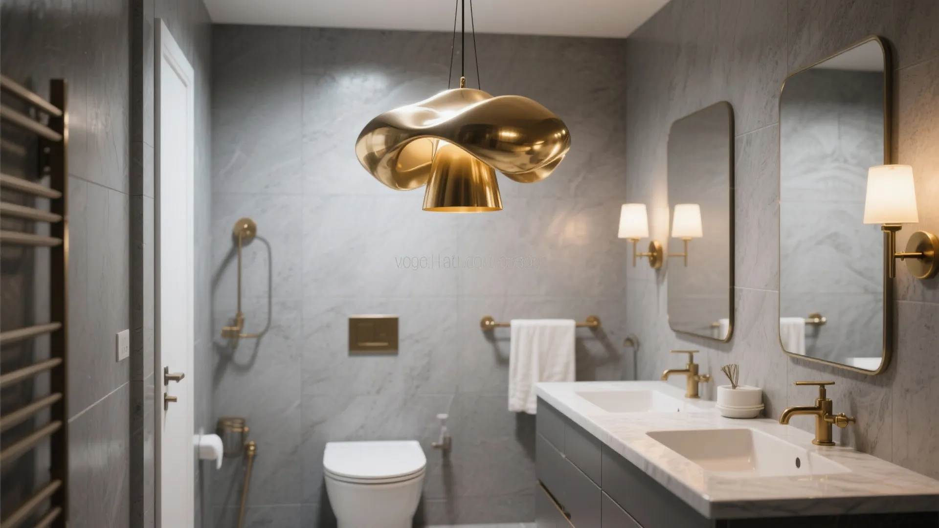 Modern bathroom with gold ceiling light fixture gold faucets toilet vanity and two wall lights
