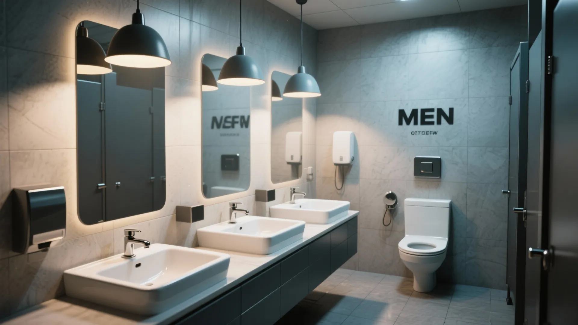 Modern public mens restroom with three white sinks mirrors black hanging ceiling lights and toilet
