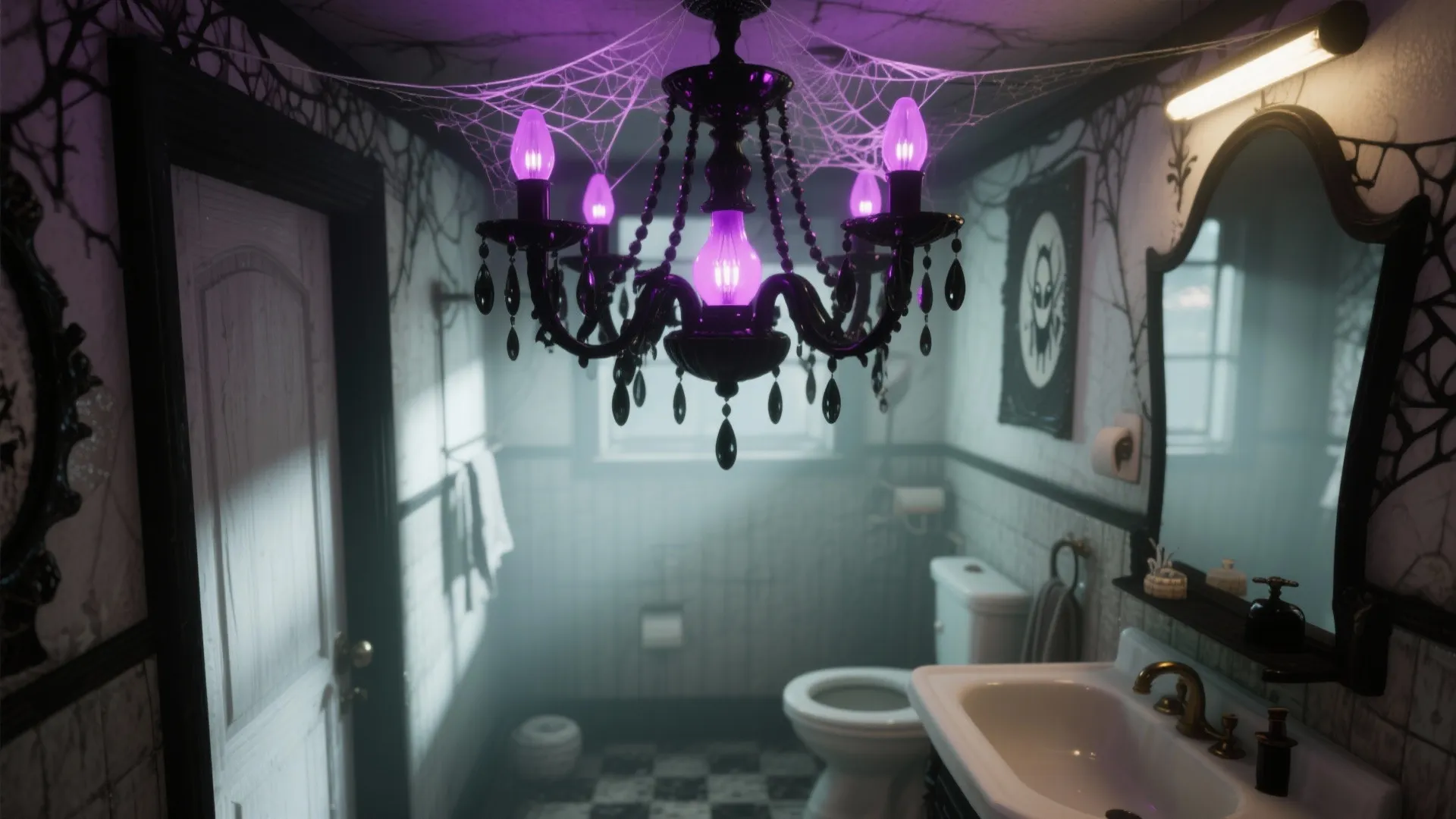 Spooky bathroom featuring a black ceiling light with purple bulbs and fake spider web decorations