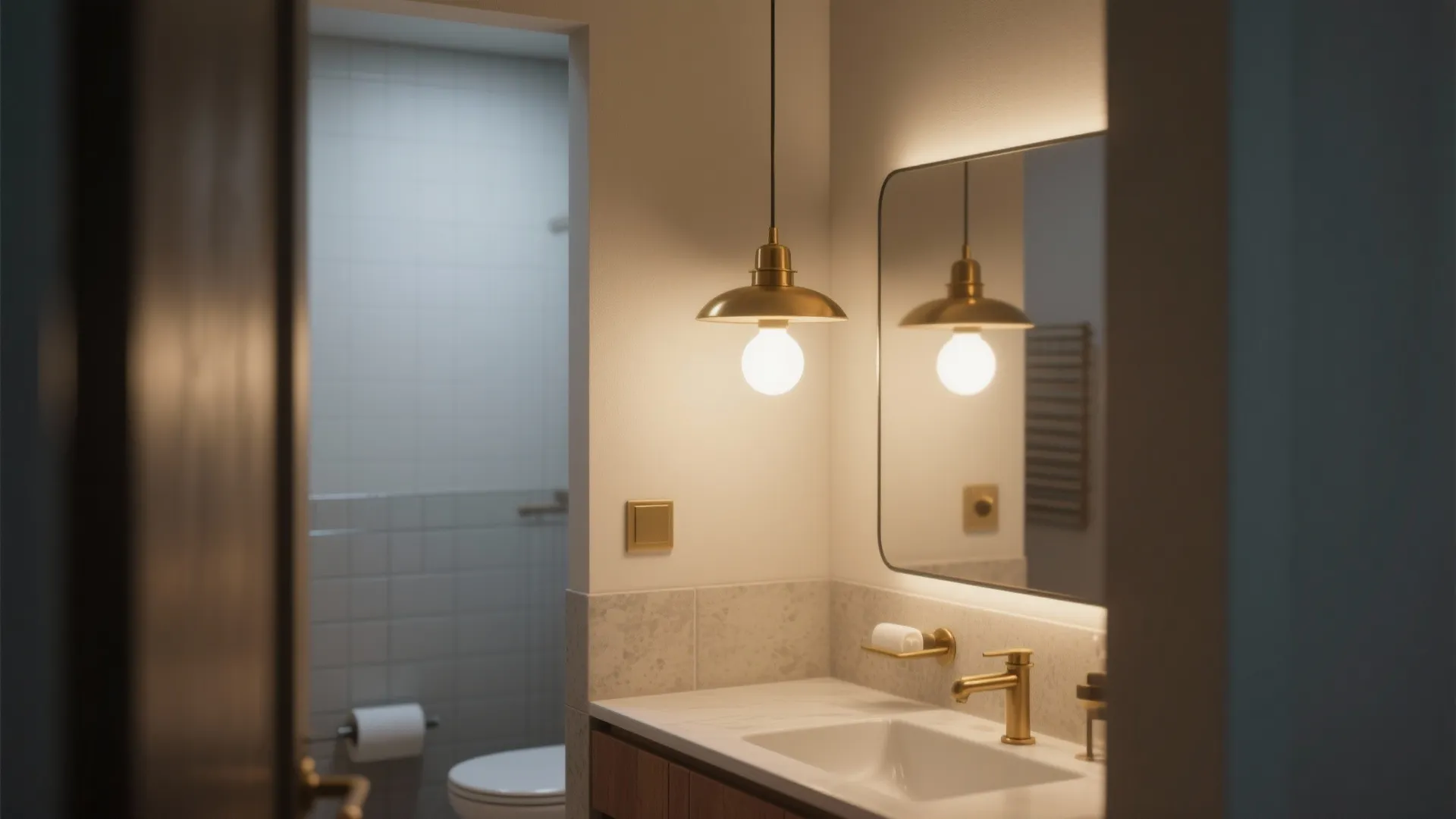 Bathroom interior with a brass hanging light fixture, gold faucet, square mirror, and warm lighting