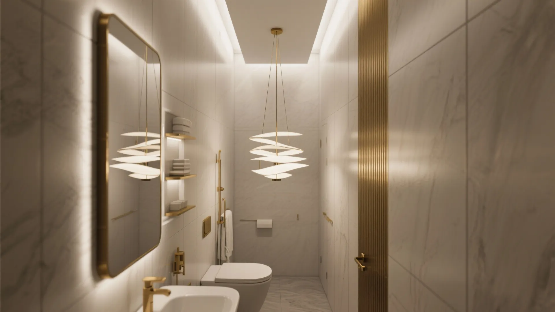 Modern bathroom with white marble walls and unique gold ceiling light above a white toilet