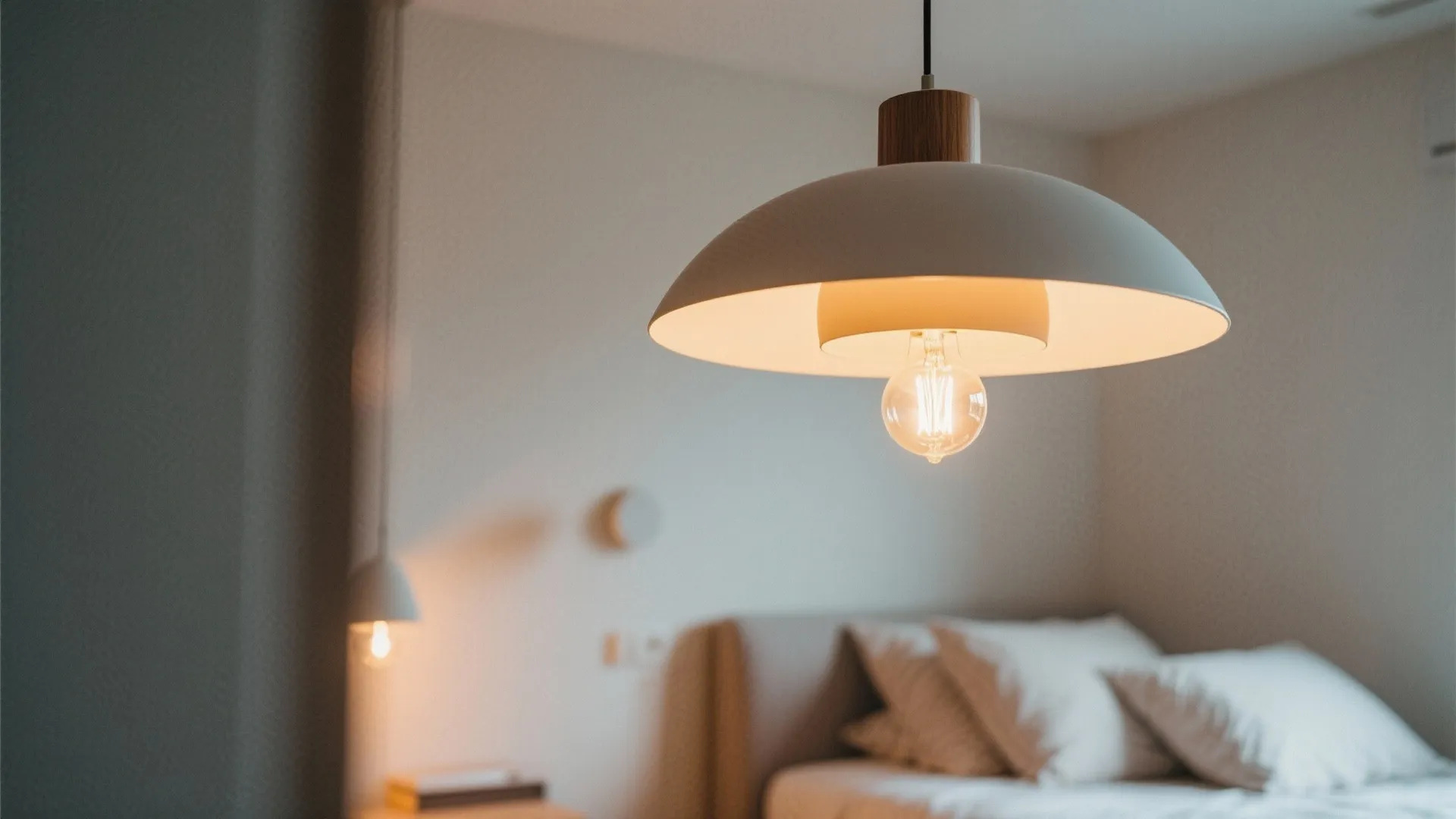 Modern ceiling light in a cozy bedroom with soft bed pillows and warm indoor lighting atmosphere