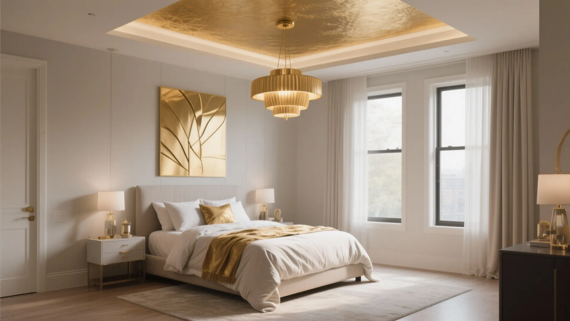 Elegant bedroom design with gold ceiling light gold wall art and white bedding with windows