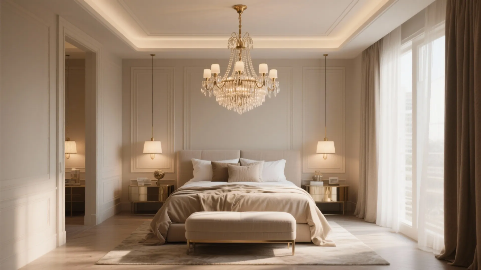 Elegant beige bedroom with large crystal ceiling light golden side tables and comfortable footrest on rug